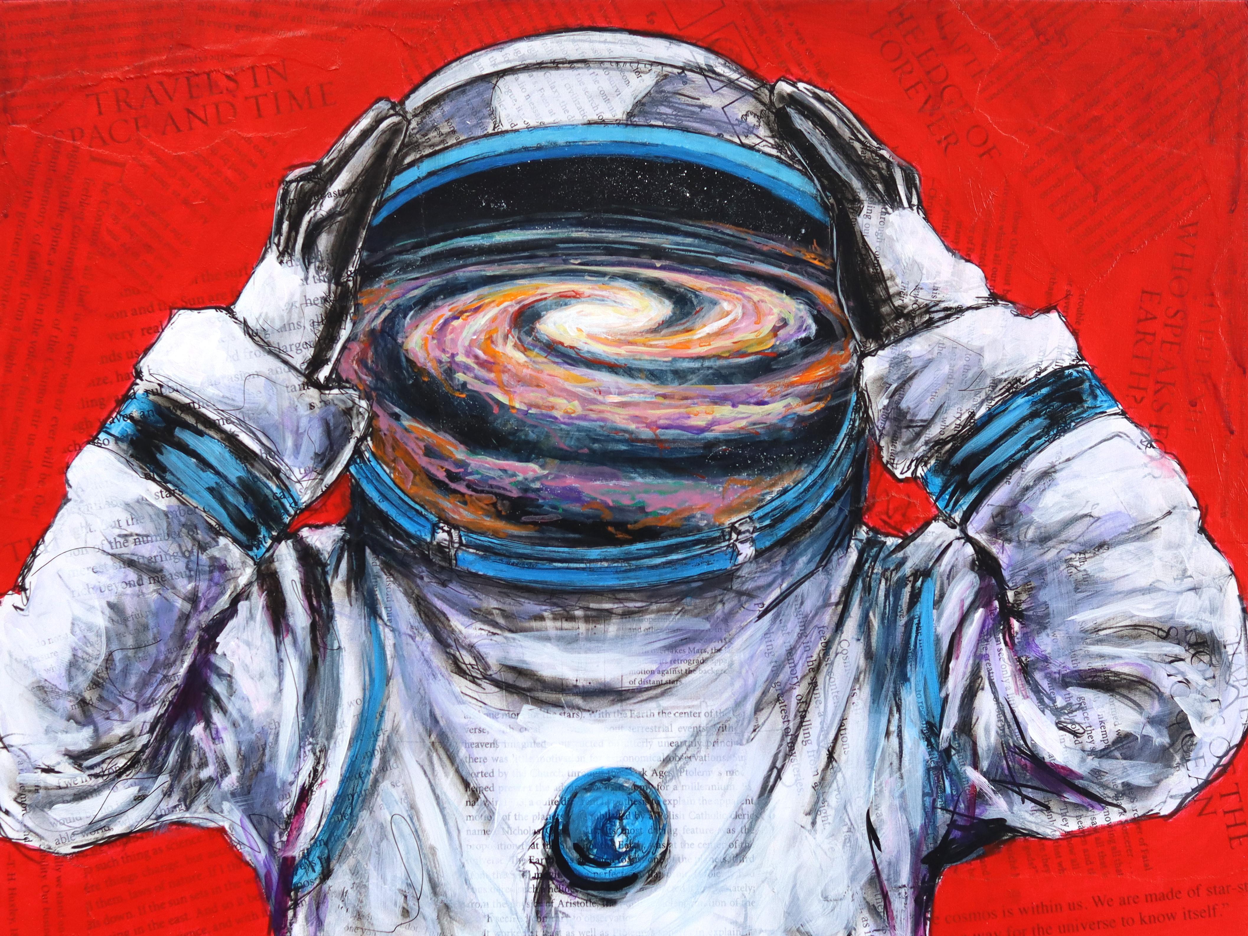 Robert Lebsack Abstract Painting - The Cosmos Within - Abstract Figurative Astronaut Mixed Media Surrealist Artwork