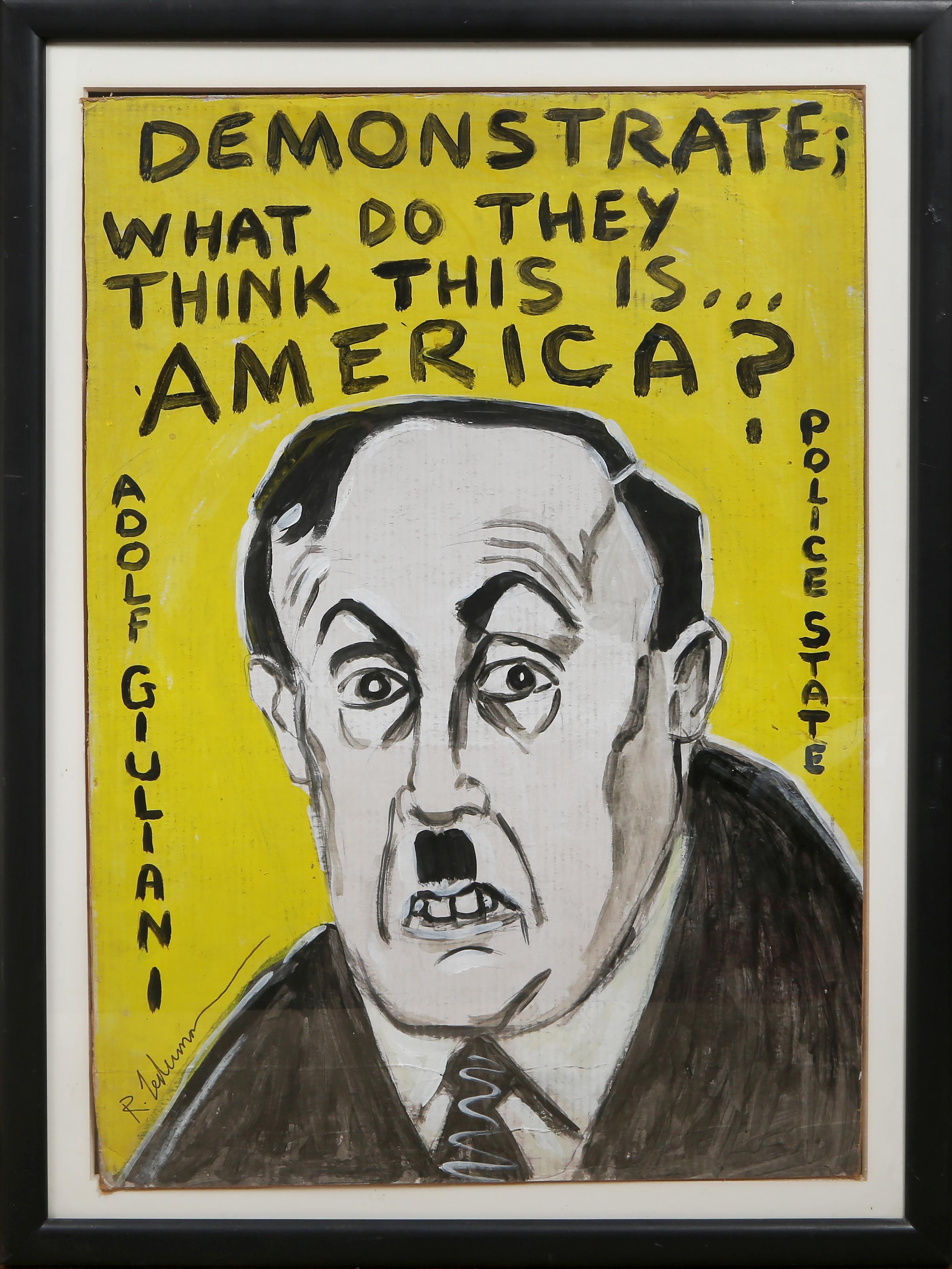 Robert Lederman, americano (1951 - ) - Adolf Giuliani, Medium:  Acrilico su cartone, firmato in basso a sinistra e sul verso, Dimensioni:  34 x 23 pollici (86,36 x 58,42 cm), Dimensioni della cornice:  39,5 x 29 pollici 