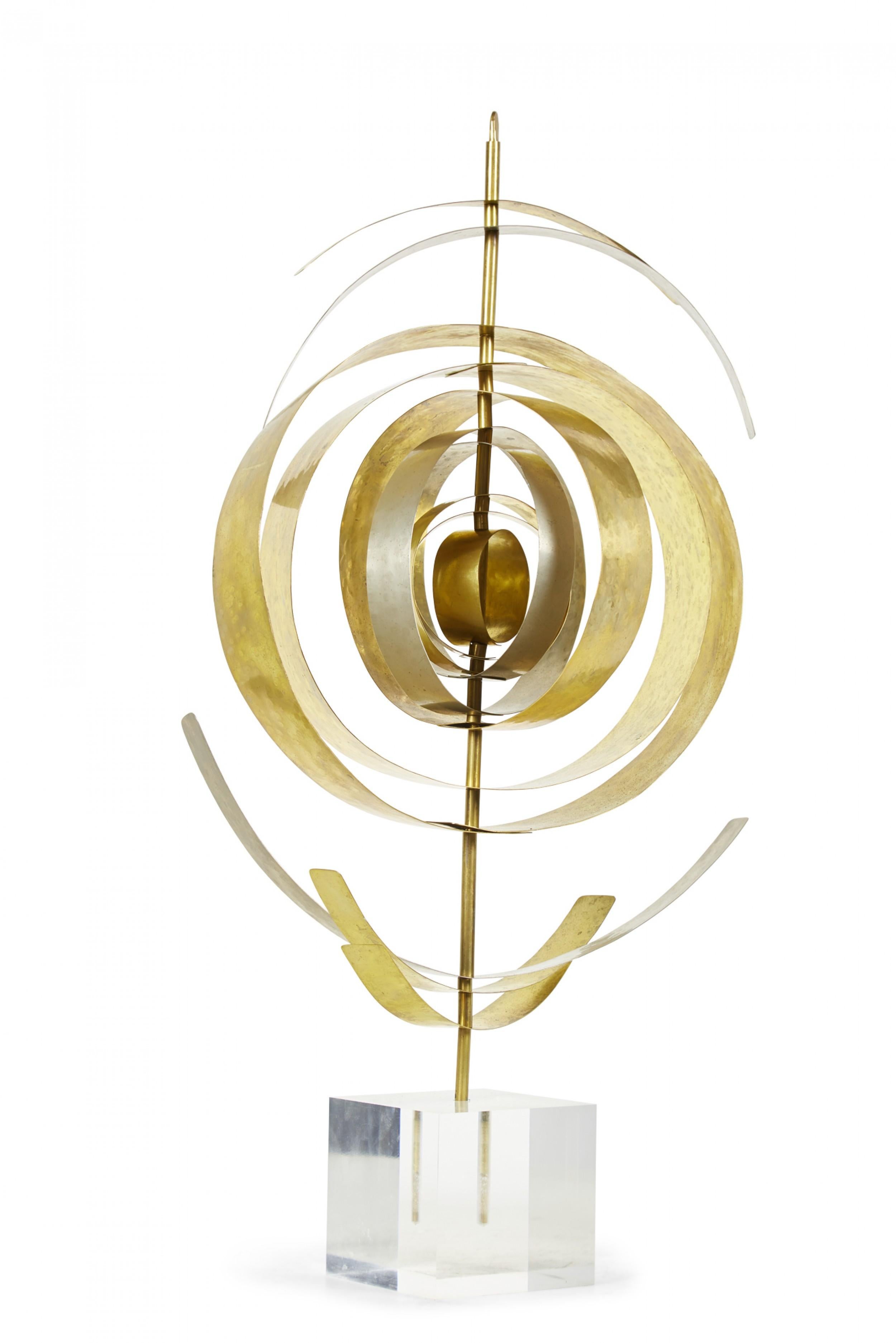 Contemporary Abstract Nickel and Brass Sculpture Mounted on a Lucite Base In Good Condition For Sale In New York, NY
