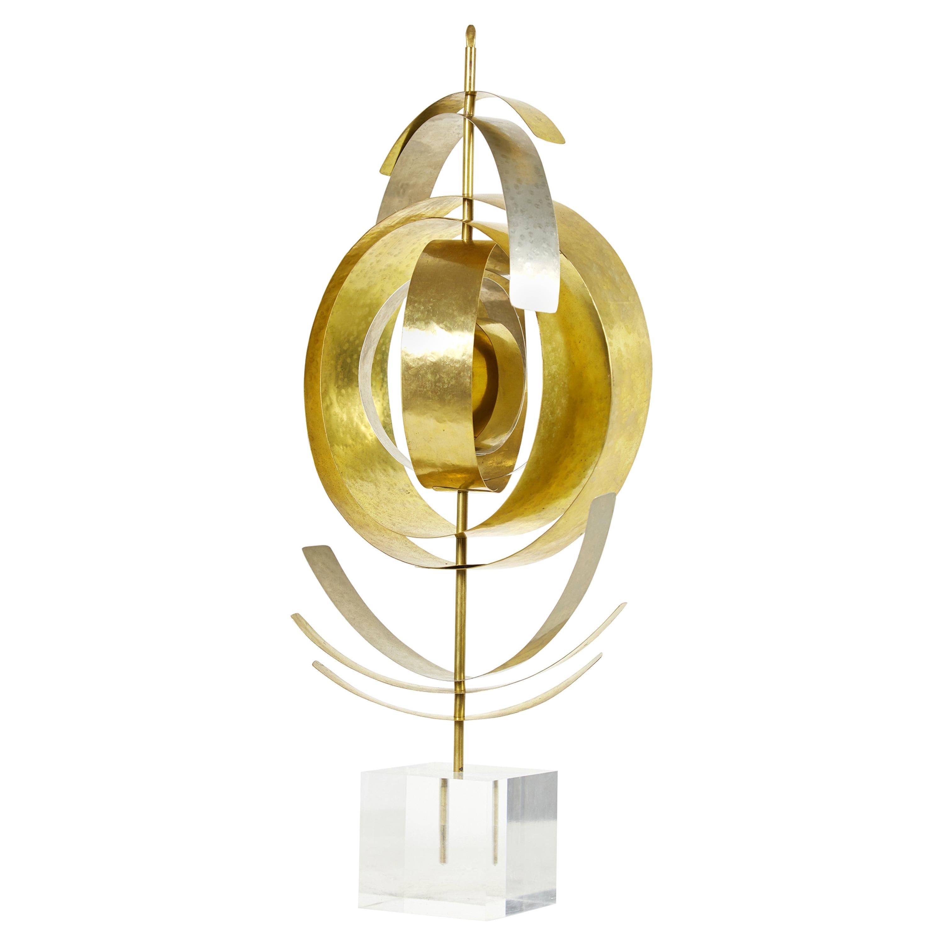 Contemporary Abstract Nickel and Brass Sculpture Mounted on a Lucite Base For Sale