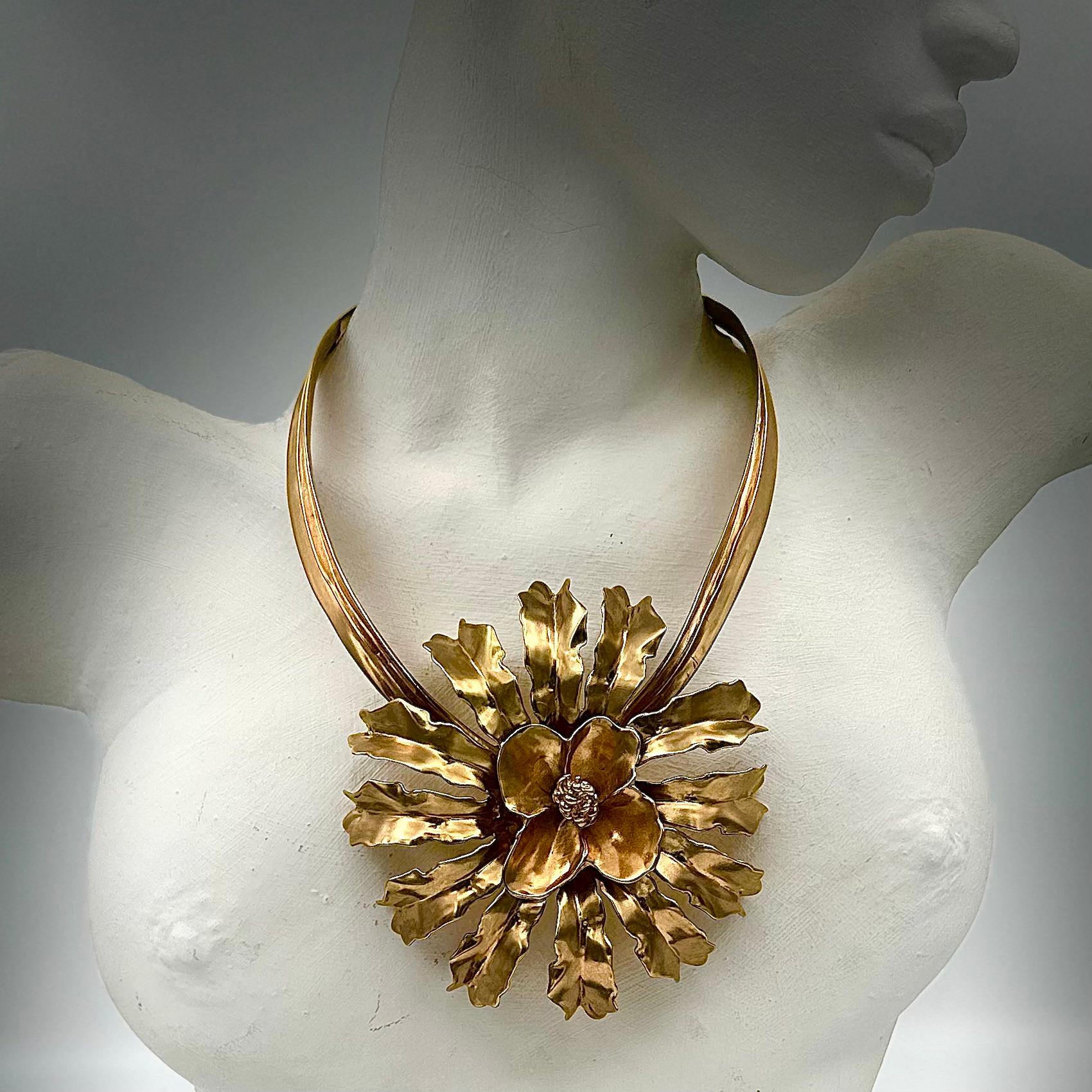 Modern Robert Lee Morris Gold Plated Brass Exploding Flower Necklace For Sale