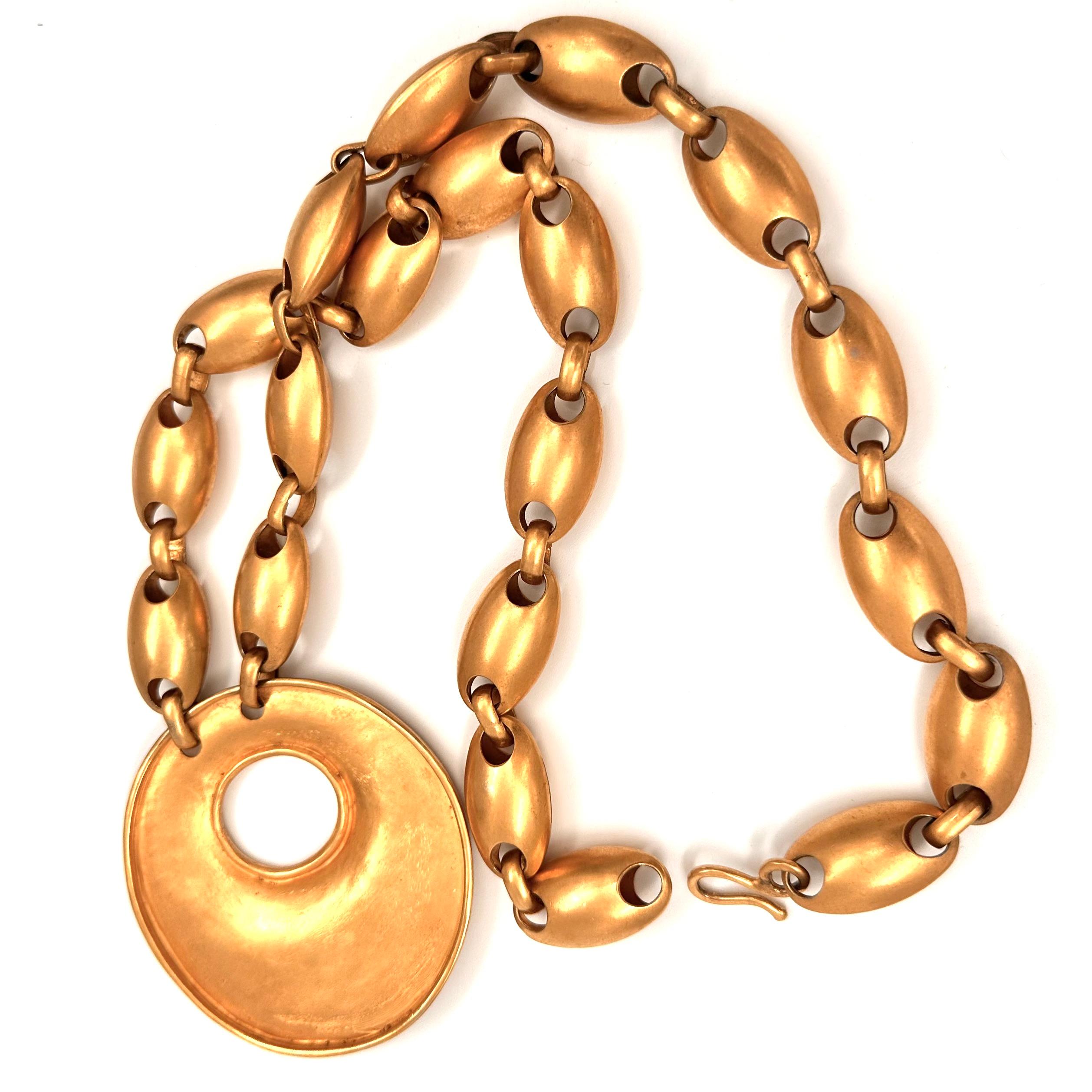 Modern Robert Lee Morris Long Gold Plated Egg Chain Necklace with Crater Pendant 1987 For Sale