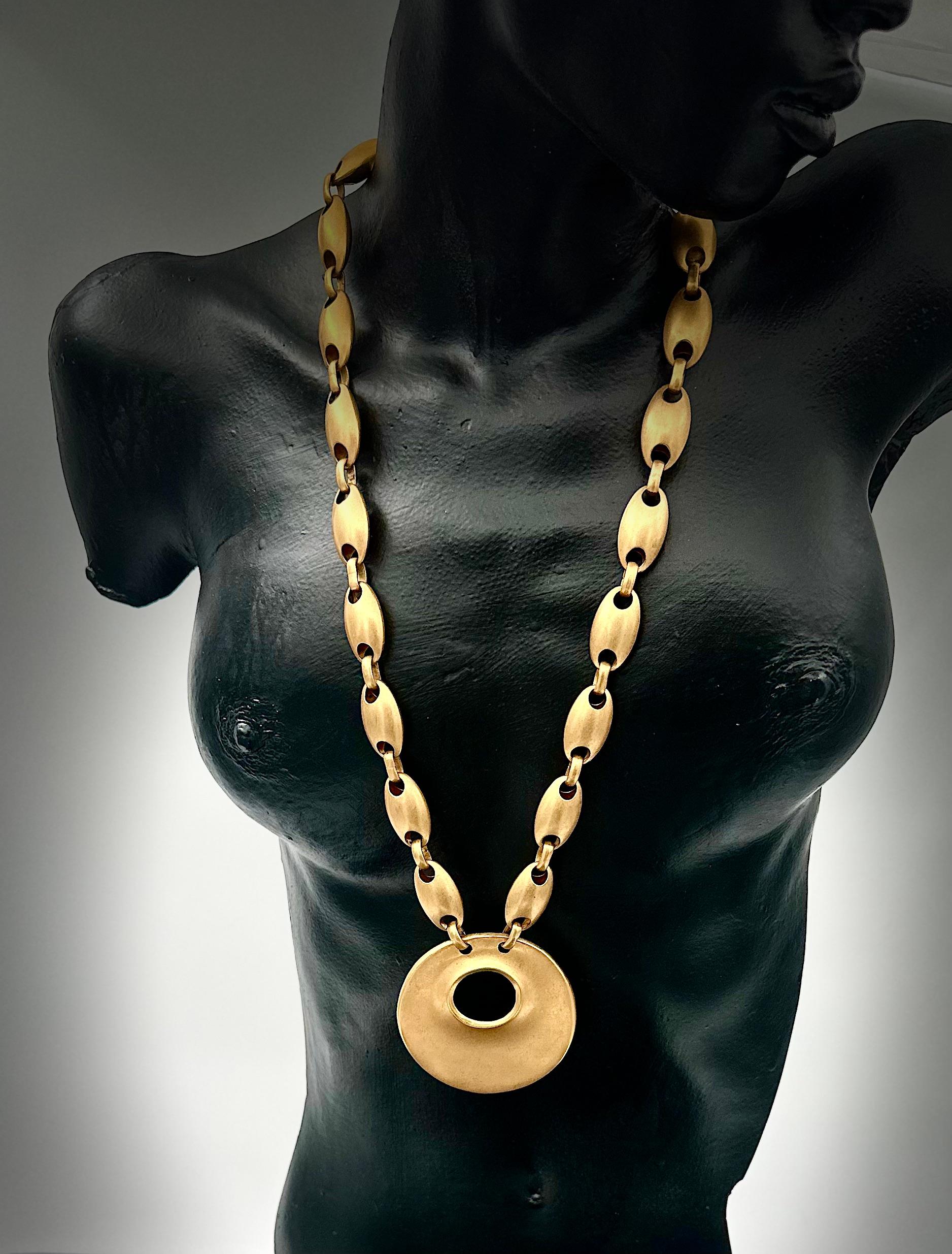 Robert Lee Morris Long Gold Plated Egg Chain Necklace with Crater Pendant 1987 In Good Condition For Sale In New York, NY