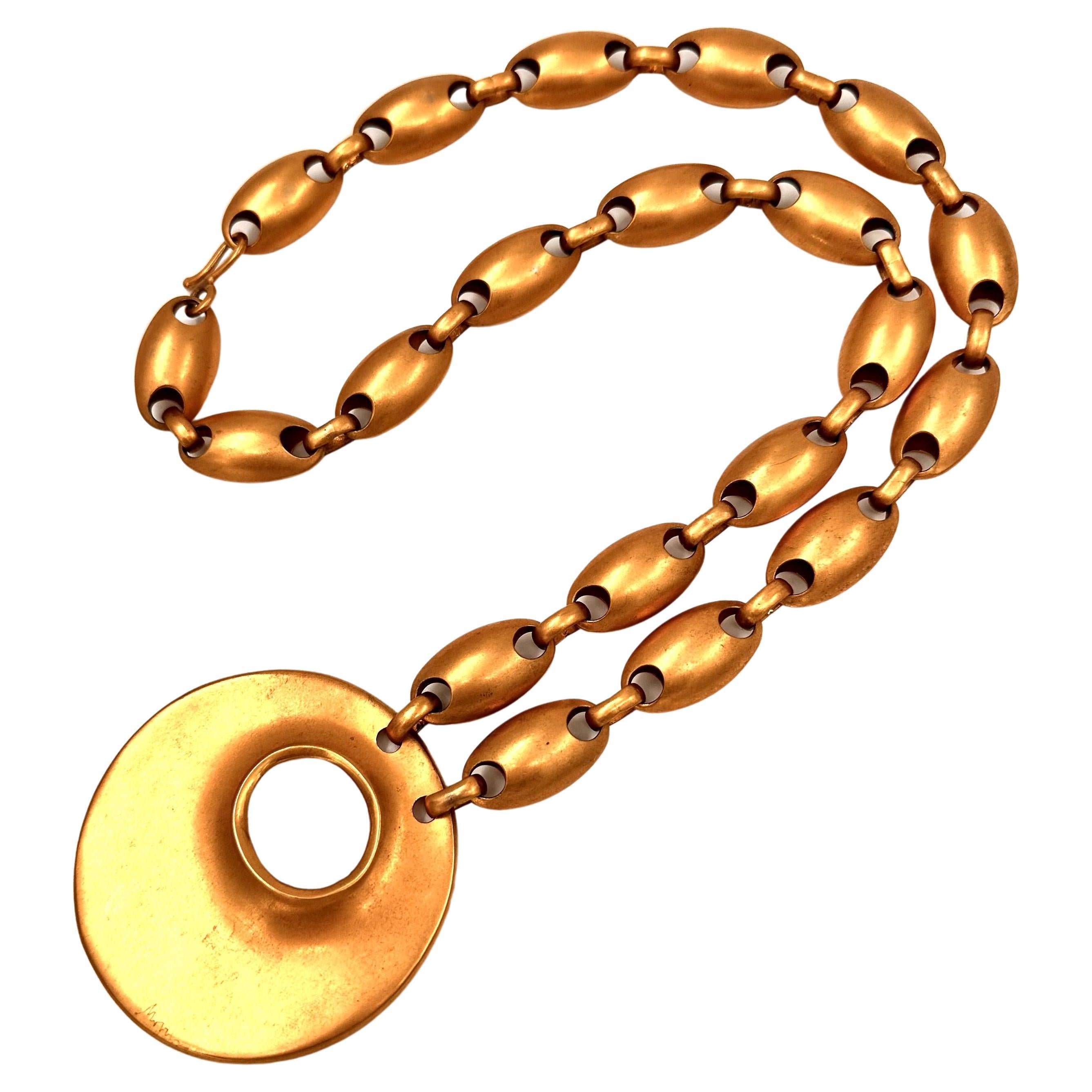Robert Lee Morris Long Gold Plated Egg Chain Necklace with Crater Pendant 1987 For Sale