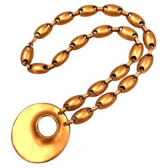 Vintage Robert Lee Morris Long Gold Plated Egg Chain Necklace with Crater Pendant 1987