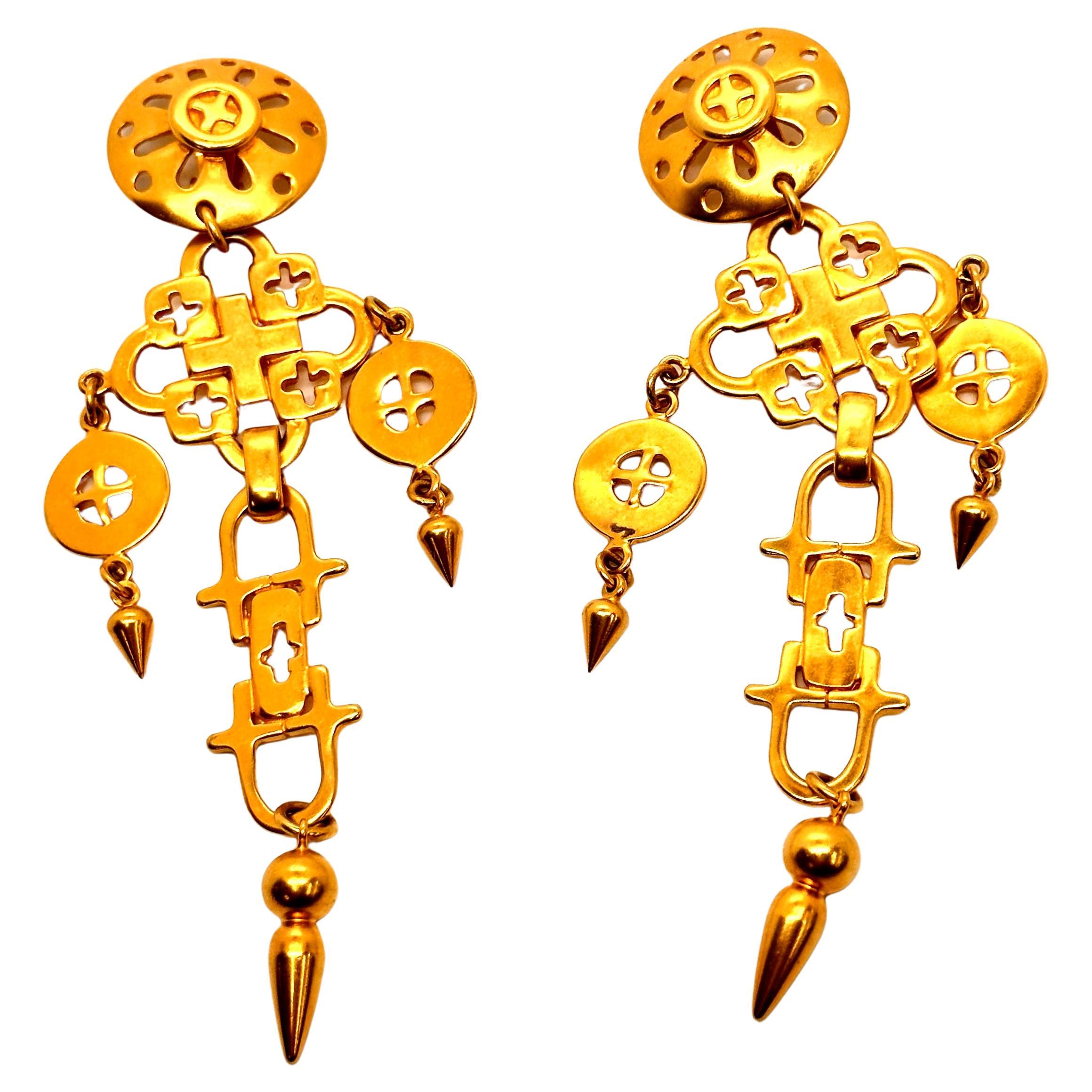 Robert Lee Morris Matte Gold Plated Multi-Cross Chandelier Earrings For Sale