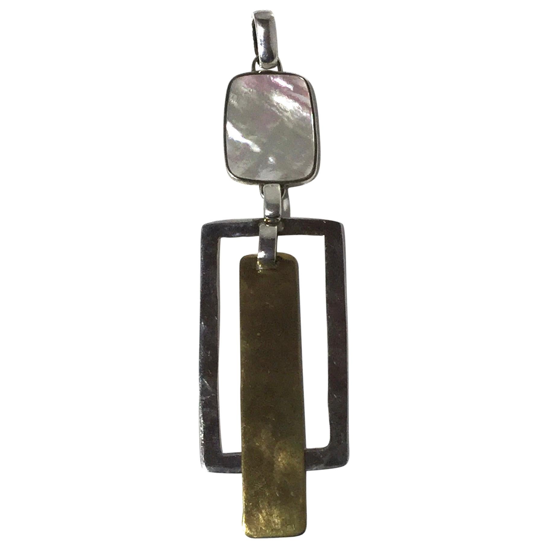 Robert Lee Morris Sterling Silver, Brass and Mother of Pearl Dangle Pendant