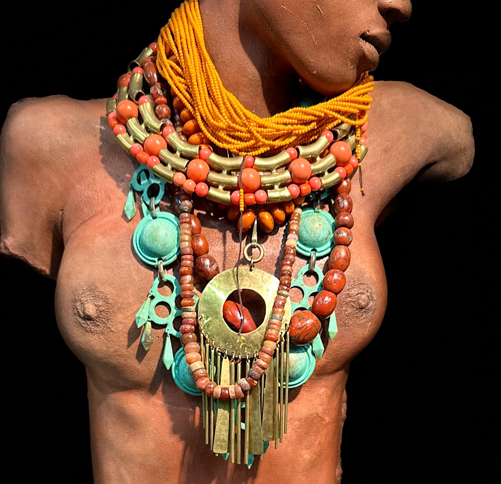 Modern Robert Lee Morris Wabi Sabi Red African Bead Necklace with Fringed Pendant, 2009 For Sale