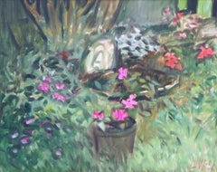 Retro Bird Bath, Painting, Oil on Canvas