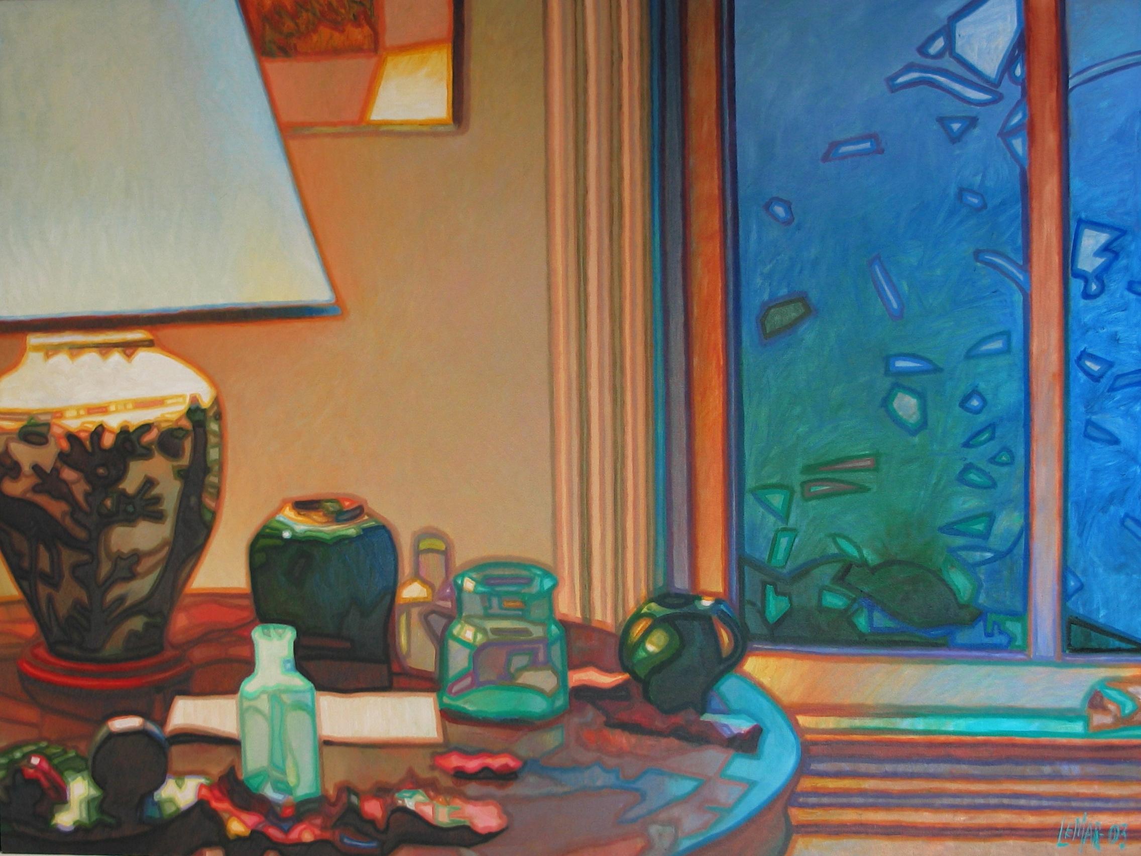 Lampada e tavolo, Pittura, Olio su vetro - Painting di Robert LeMar