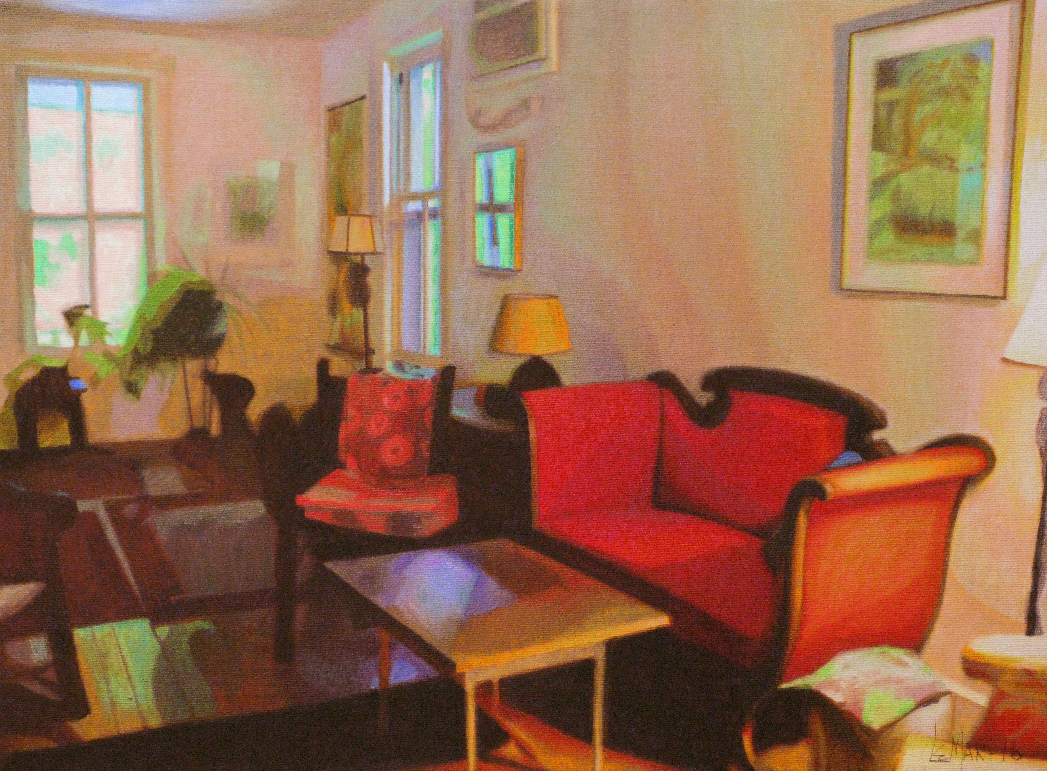 Interior scene with a red love seat :: Painting :: Fine Art :: This piece comes with an official certificate of authenticity signed by the artist :: Ready to Hang: Yes :: Signed: Yes :: Signature Location: Lower right front :: Canvas :: Landscape ::