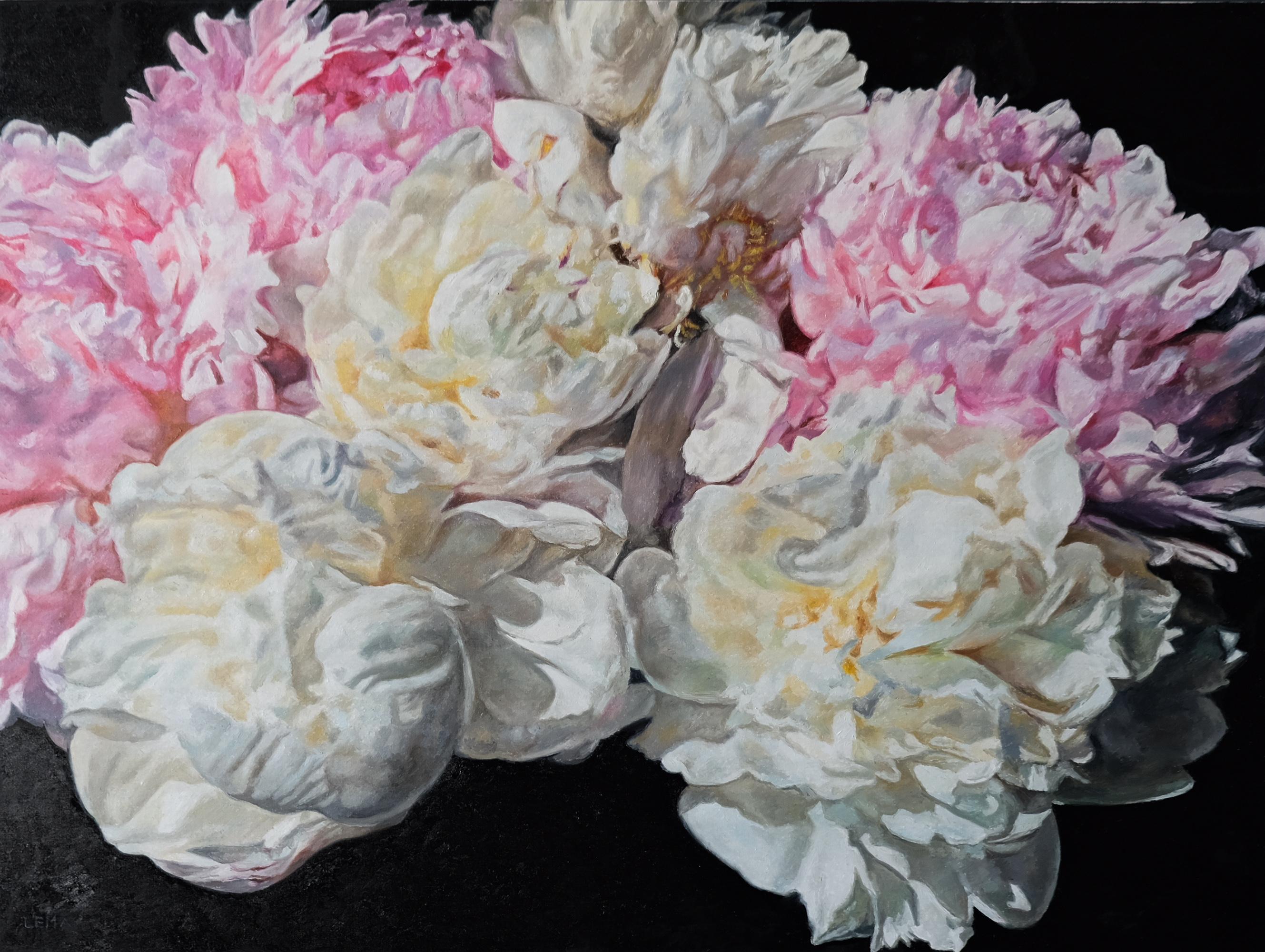 Coral Peonies June 2-original modern realism flowers painting-contemporary Art - Painting by Robert Lemay