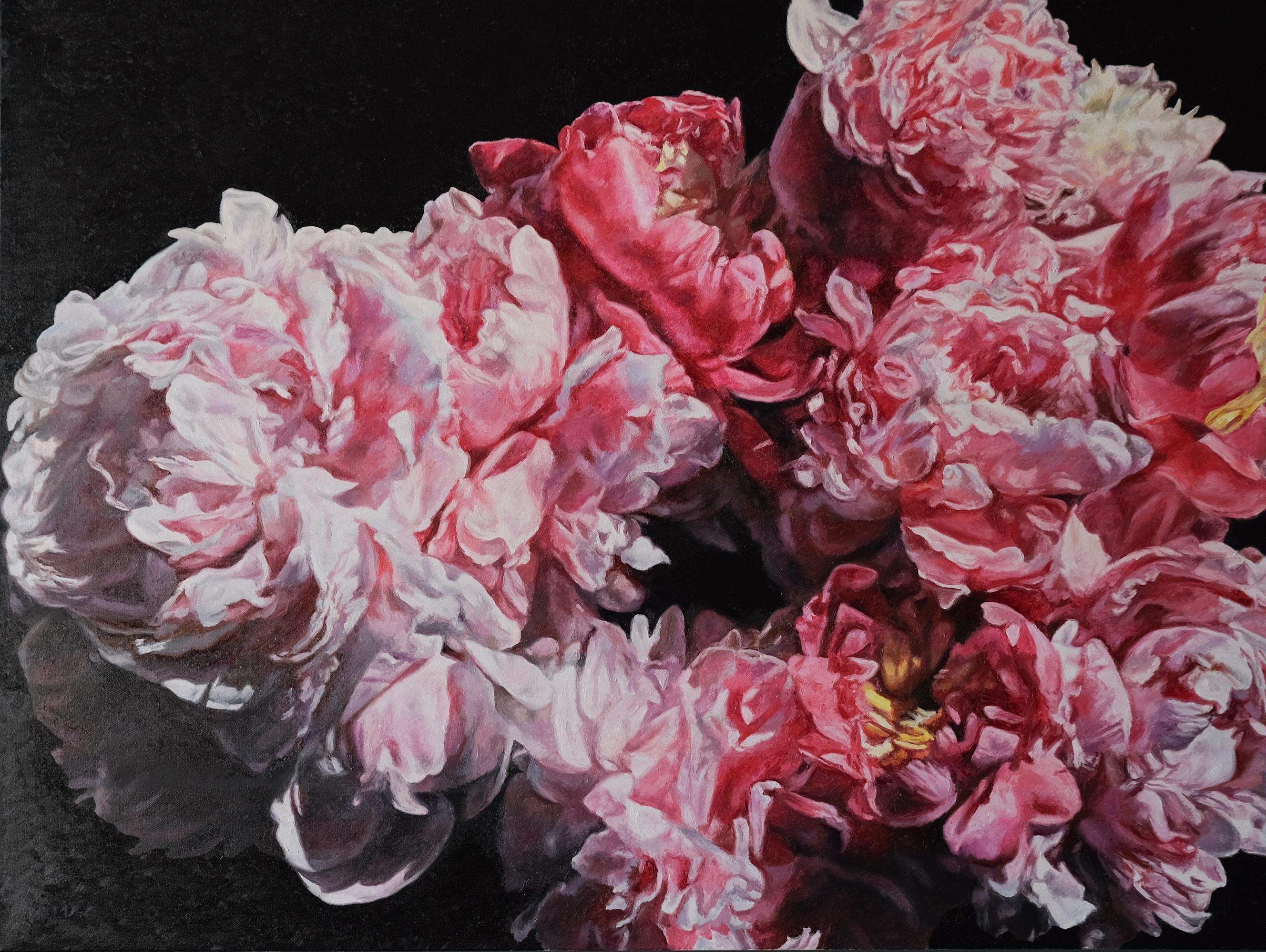 Coral Peonies June I, Signed Oil on Canvas Realism-still life painting 91x122 cm