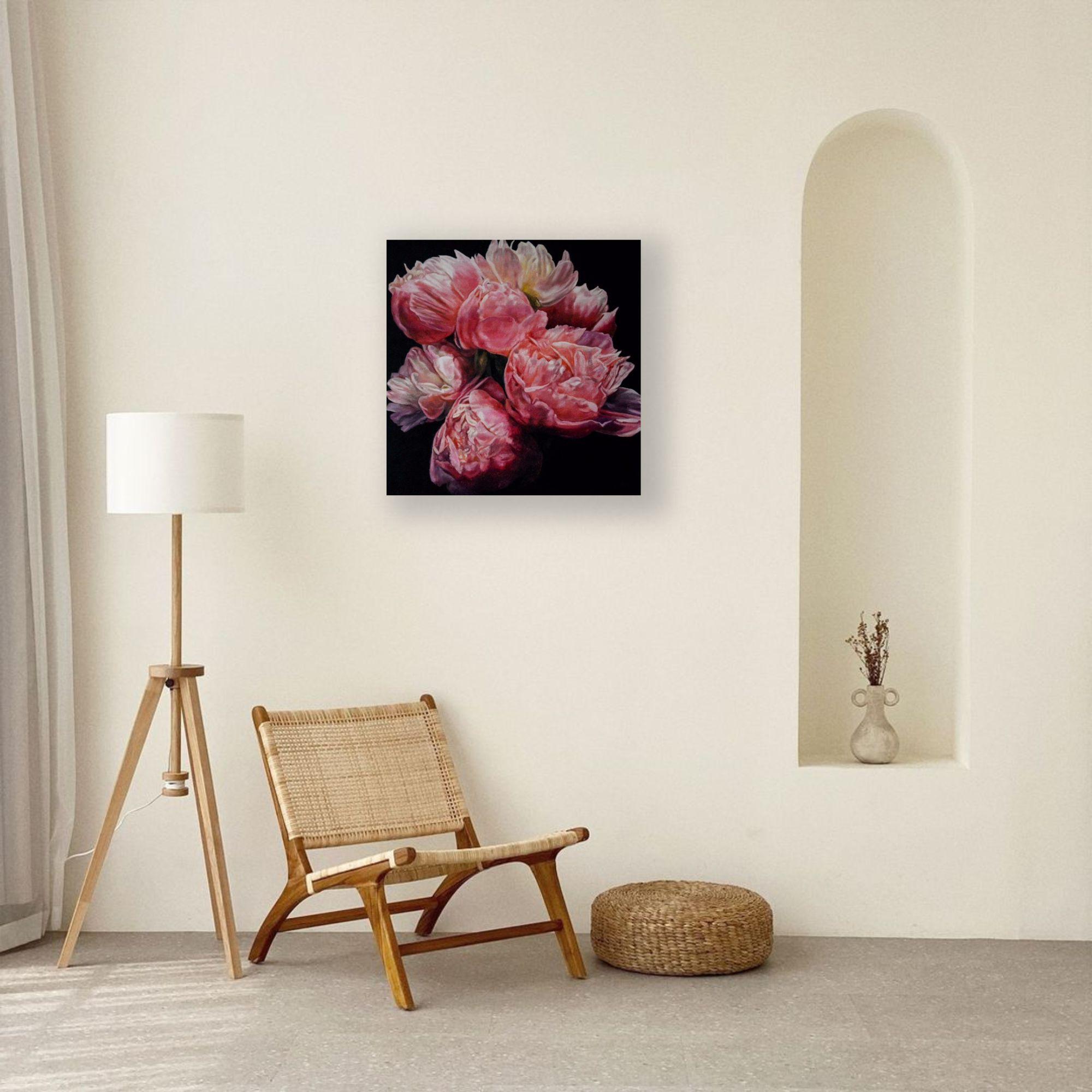 Coral Peonies-original modern realism floral oil painting-contemporary Art - Impressionist Painting by Robert Lemay
