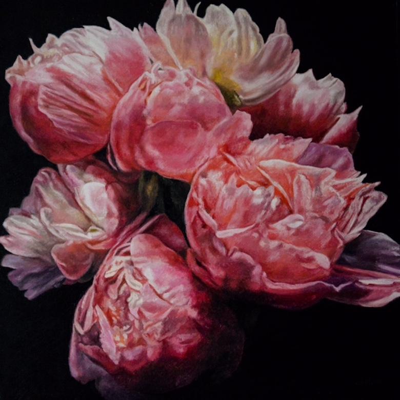 Coral Peonies-original modern realism floral oil painting-contemporary Art – Painting von Robert Lemay