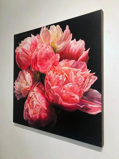 Coral Peonies: Original Realism Oil Painting on Canvas, 76 x 76 cm