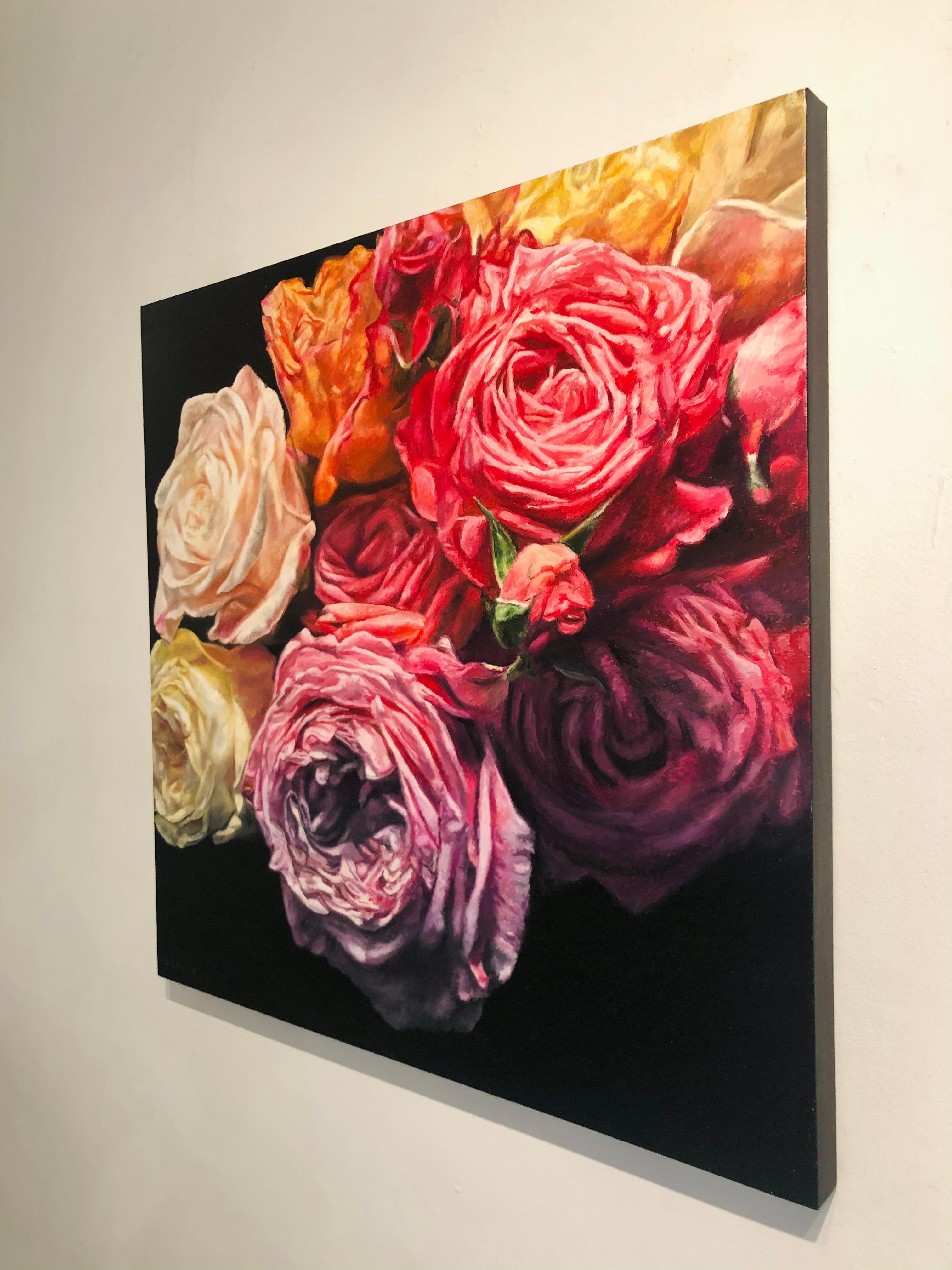 Garden Roses II - original floral still oil painting contemporary hyperrealism - Painting by Robert Lemay