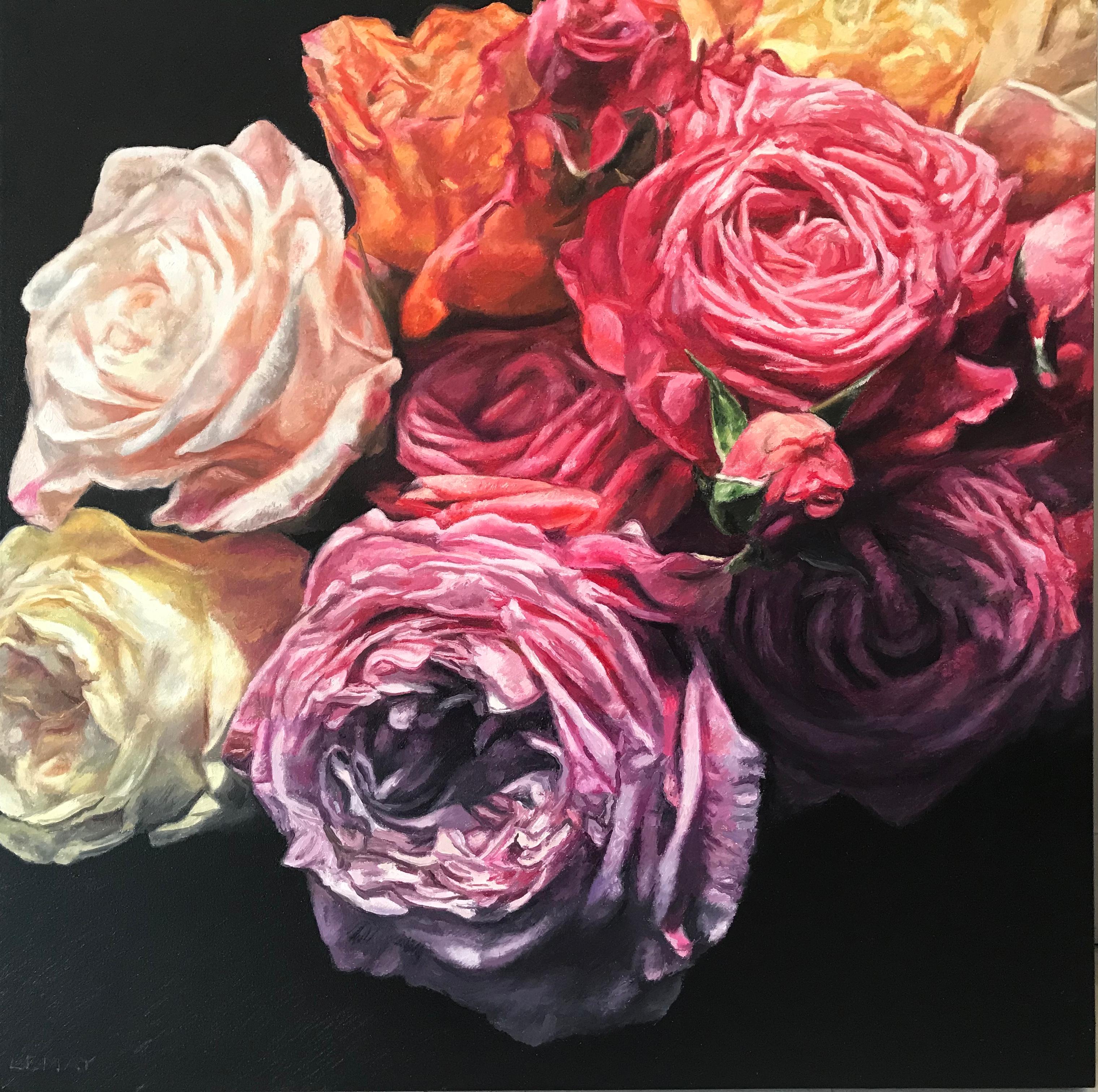 Robert Lemay Landscape Painting - Garden Roses II - original floral still oil painting contemporary hyperrealism