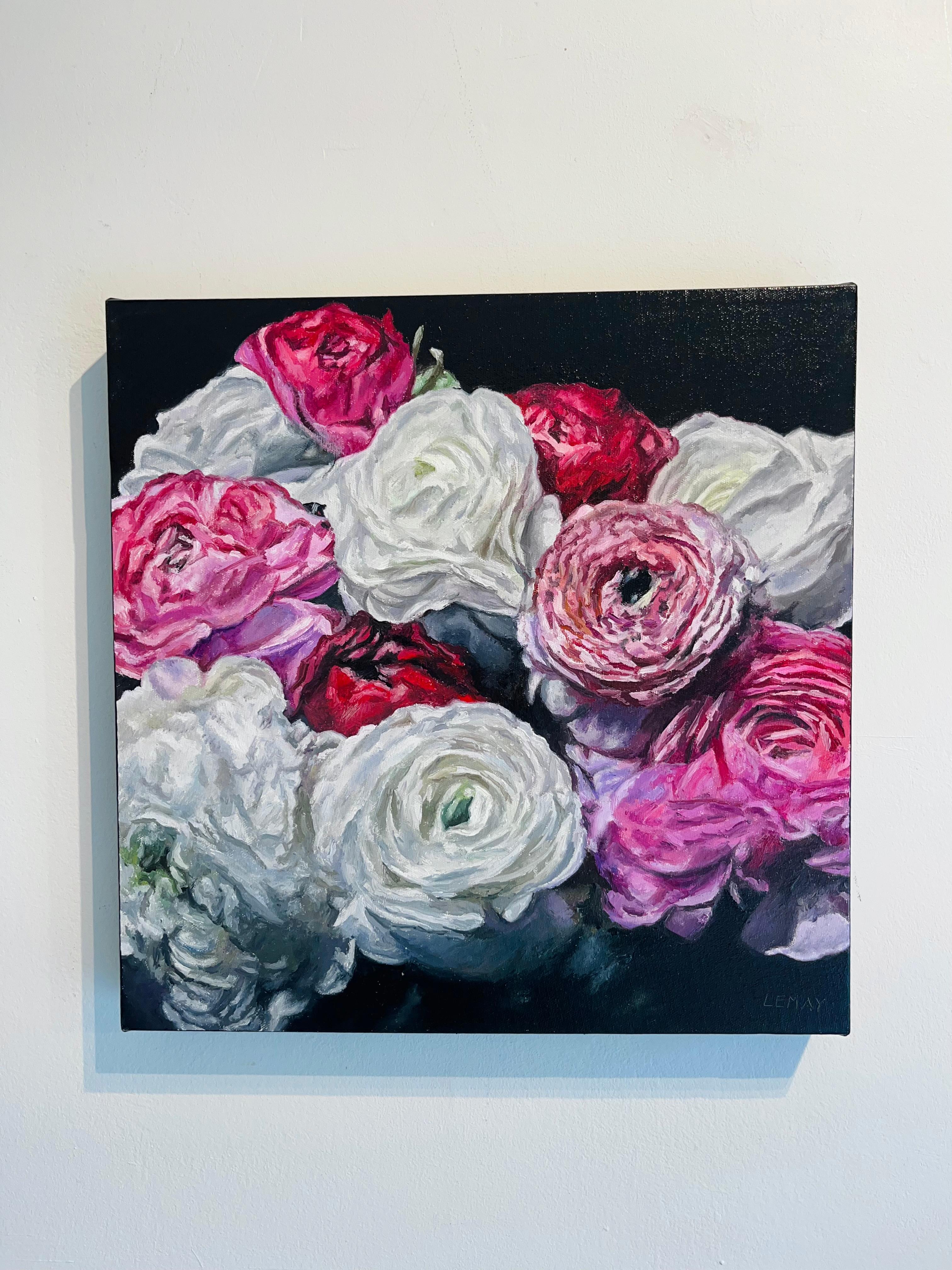 Studio di ranuncoli 2 - pittura ad olio originale di fiori in stile realismo moderno - arte contemporanea - Landscape Painting Grigio di Robert Lemay