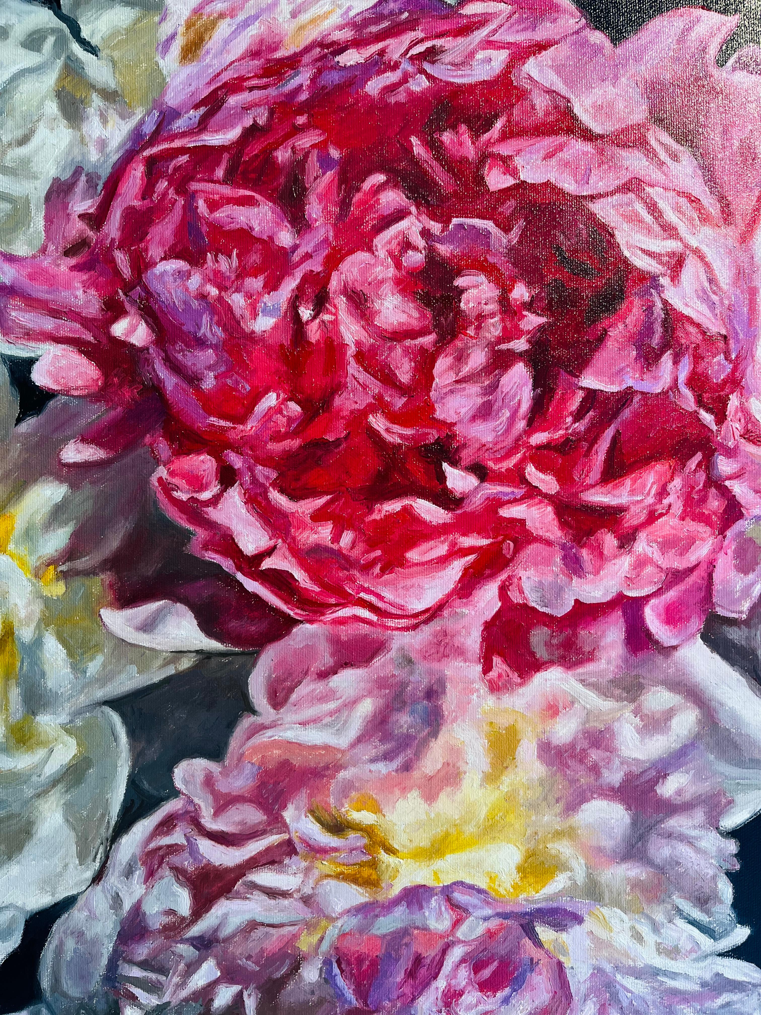 Pivoines blanches et roses-peinture florale originale de réalisme moderne-Art contemporain - Marron Still-Life Painting par Robert Lemay