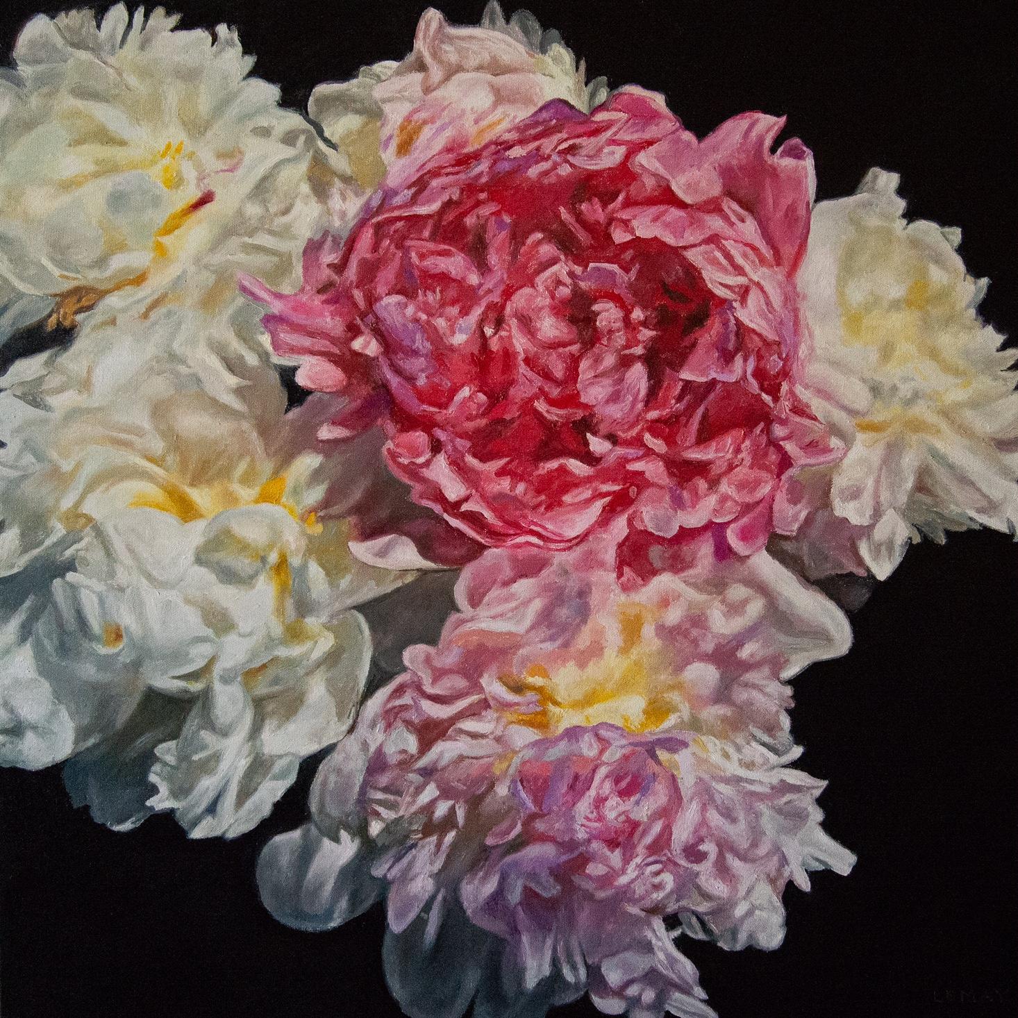 Still-Life Painting Robert Lemay - Pivoines blanches et roses-peinture florale originale de réalisme moderne-Art contemporain
