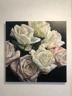 Roses blanches  - Peinture à l'huile originale de nature morte florale à fleurs, art réaliste