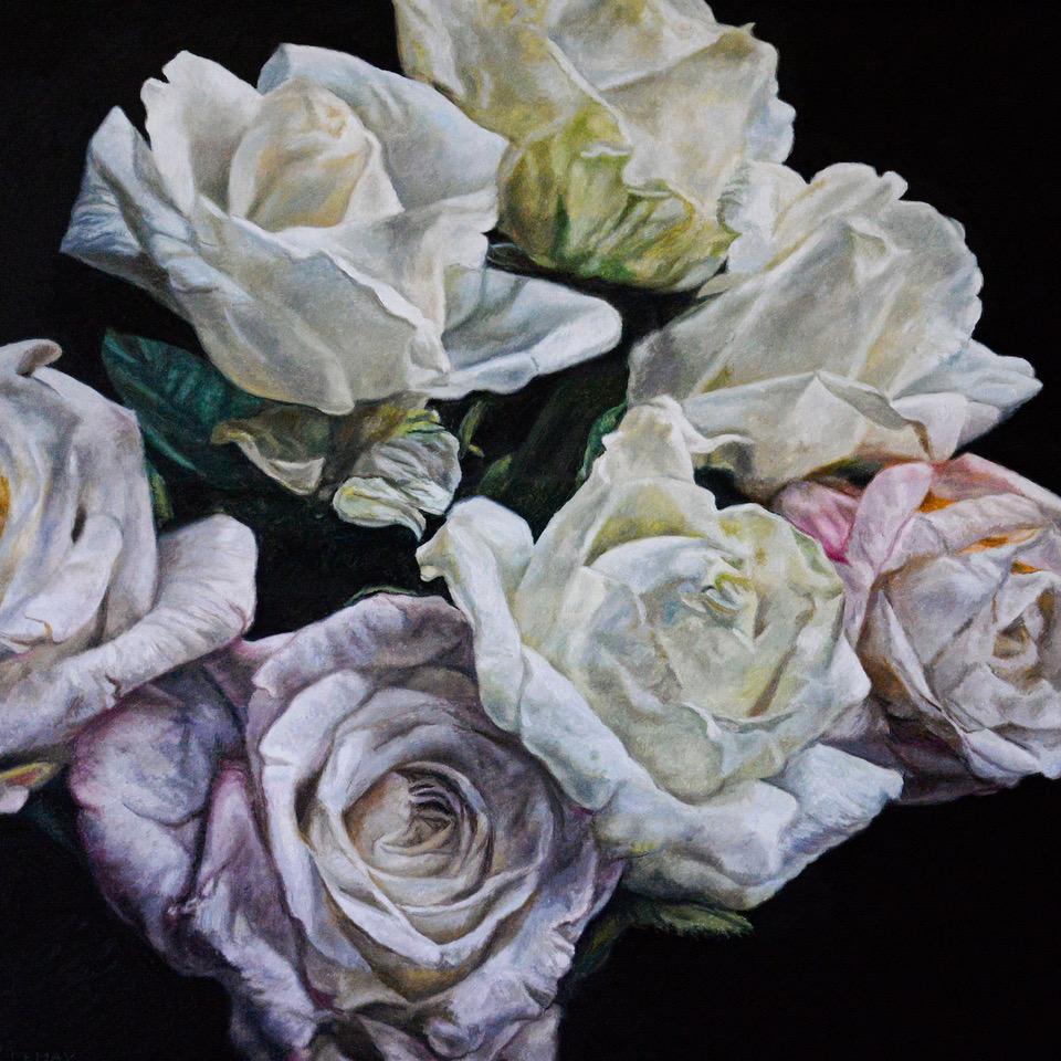 Robert Lemay Landscape Painting - White Roses  - original still life flower floral spring oil painting realism art