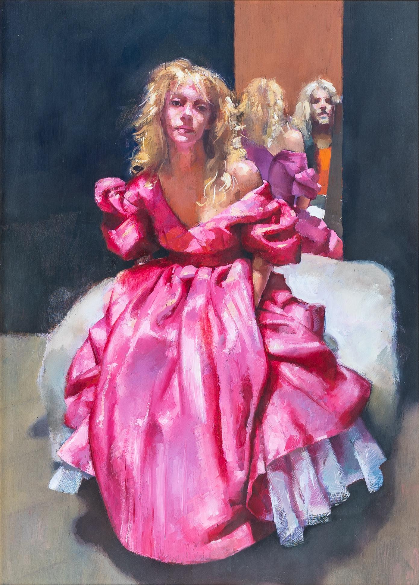 'Painter with Pati' Figurative painting, man & woman wearing a pink ball gown - Painting by Robert Lenkiewicz 