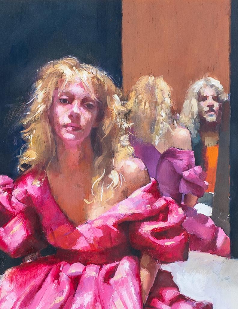 'Painter with Pati' Figurative painting, man & woman wearing a pink ball gown - Photorealist Painting by Robert Lenkiewicz 
