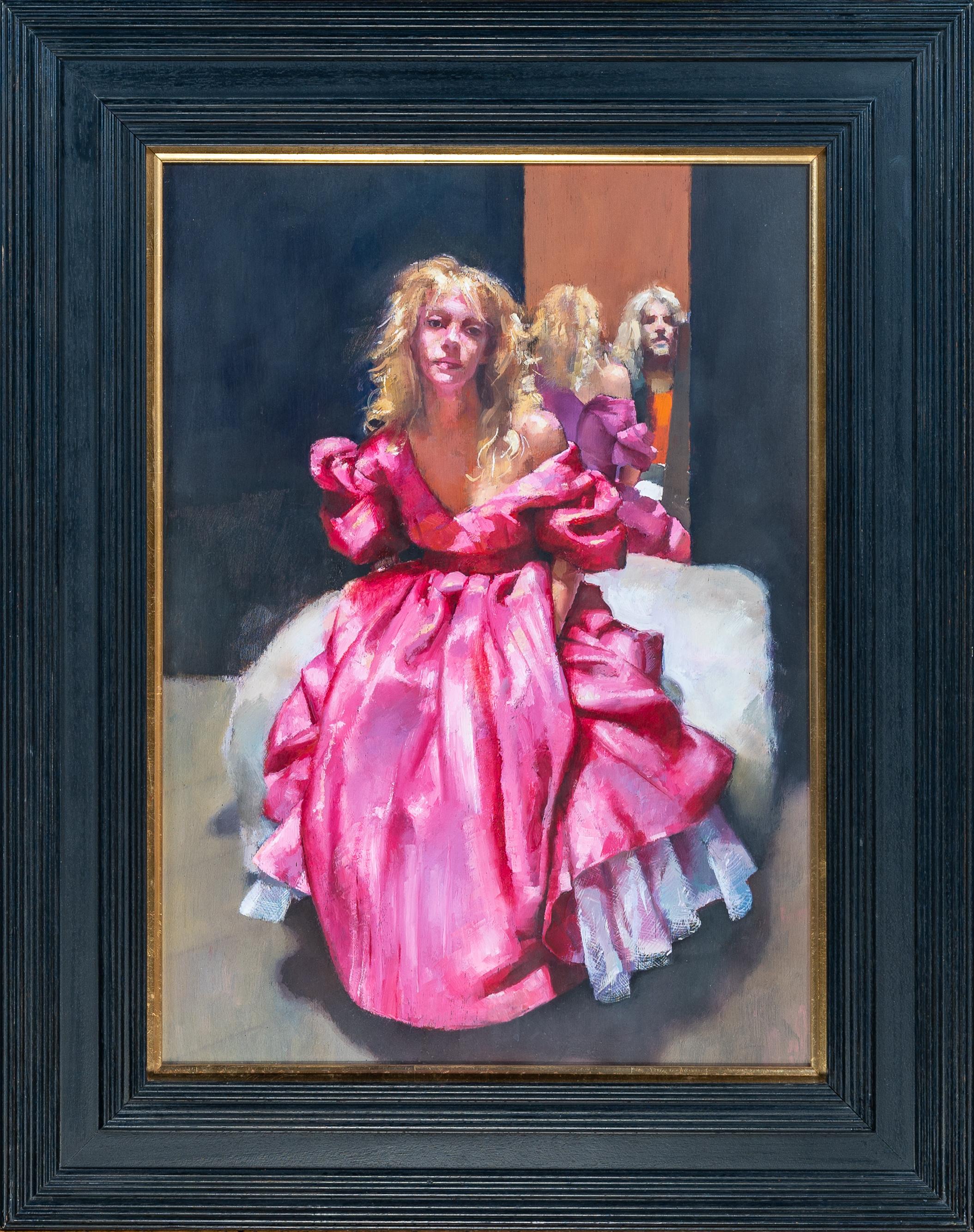 „Maler mit Pati“ Figuratives Gemälde, Mann und Frau in einem rosafarbenen Ballkleid