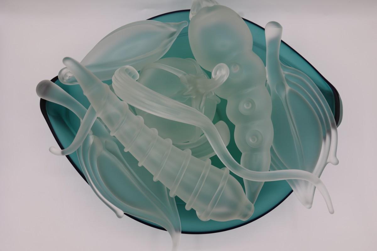 Biomorphes en verre dépoli signé et soufflé à la main dans un bol par Robert Thevin en vente 1