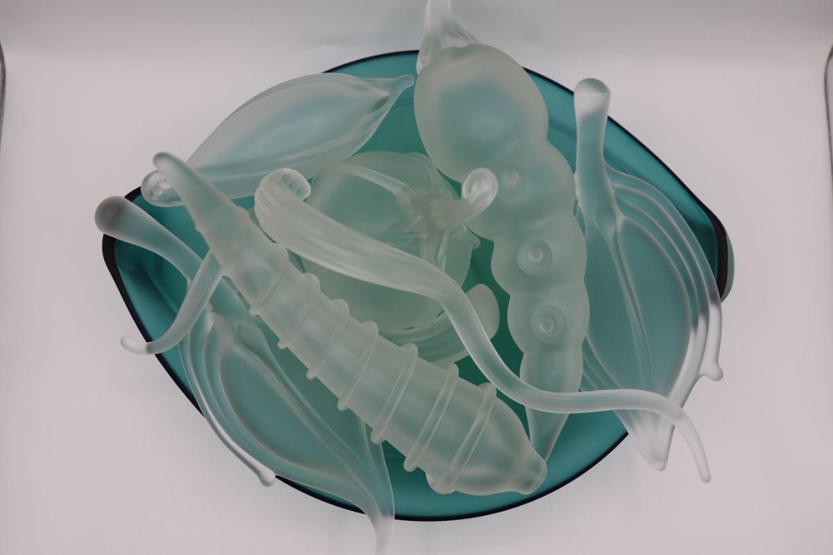 Biomorphes en verre dépoli signé et soufflé à la main dans un bol par Robert Thevin en vente 4