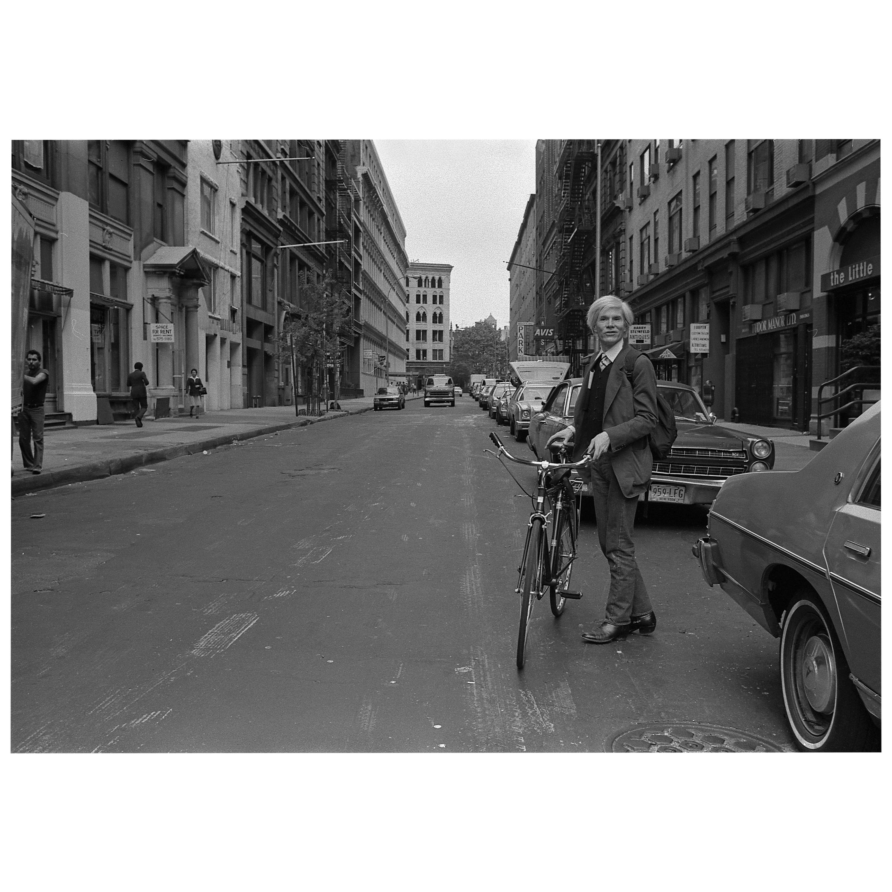 Robert Levin, "Andy Warhol With Bike on 11th Street, NYC 1981" Print, USA, 2015