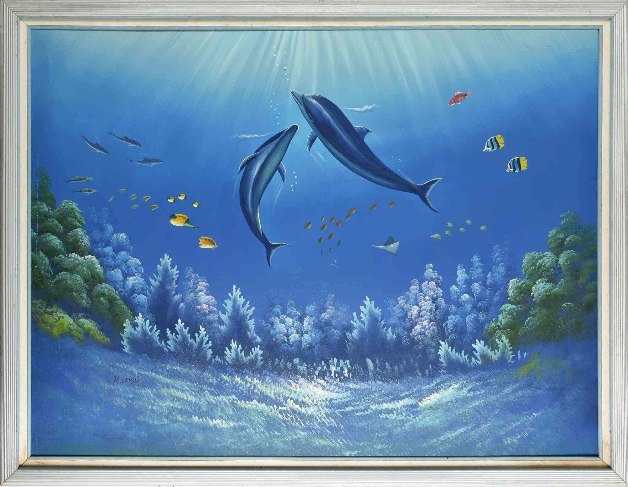 Zwei Delphine – Original Acryl von Robert Lewis – 1990er Jahre