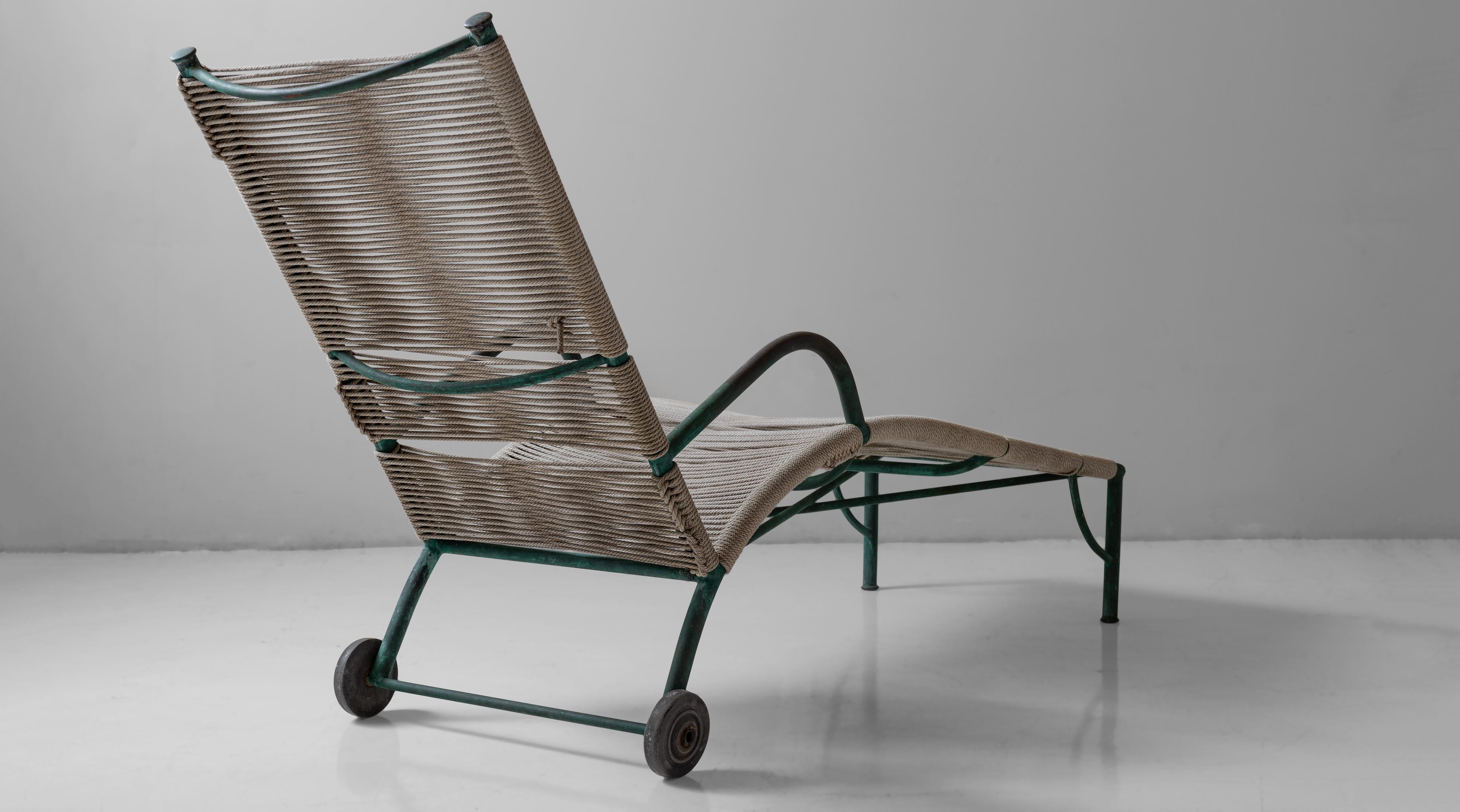 Robert Lewis bronze patio chaise lounge, California circa 1930

Bronze frame with beautiful turquoise patina and woven rope seat and back.

Measures: 22.5”w x 71”d x 41.5”h x armrest 23.5” seat 15.5”.