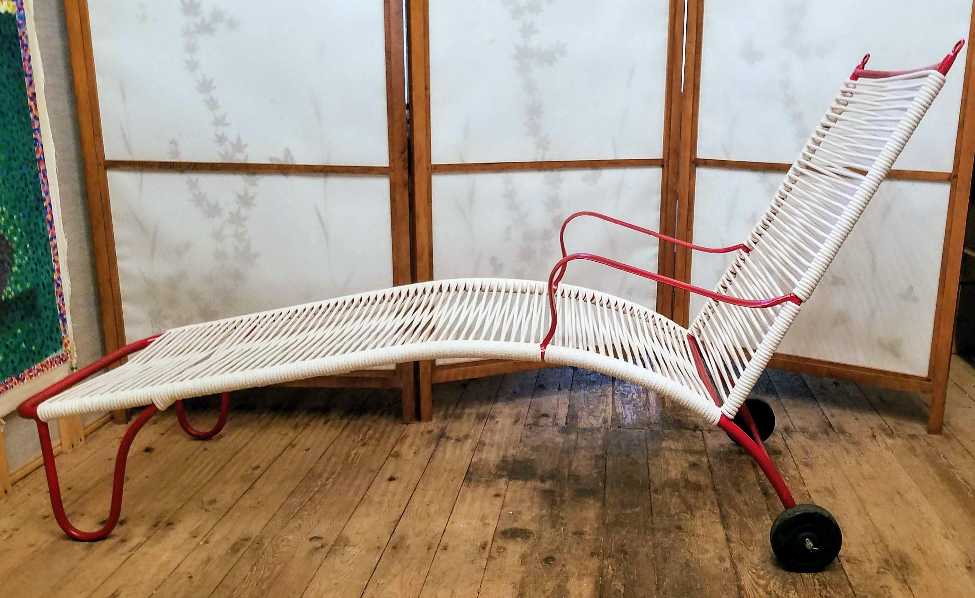 A rare Robert Lewis chaise lounge hand crafted at his studio below the Old Mission Santa Barbara in Santa Barbara, California. 
He and his assistants produced an impressive catalog of great outdoor furniture in wrought iron, steel pipe and copper