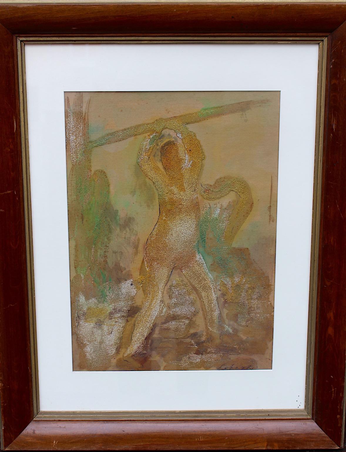 Robert Libeski Painting Lady with Dog 1946 Mixed Media  In Good Condition For Sale In Vienna, AT