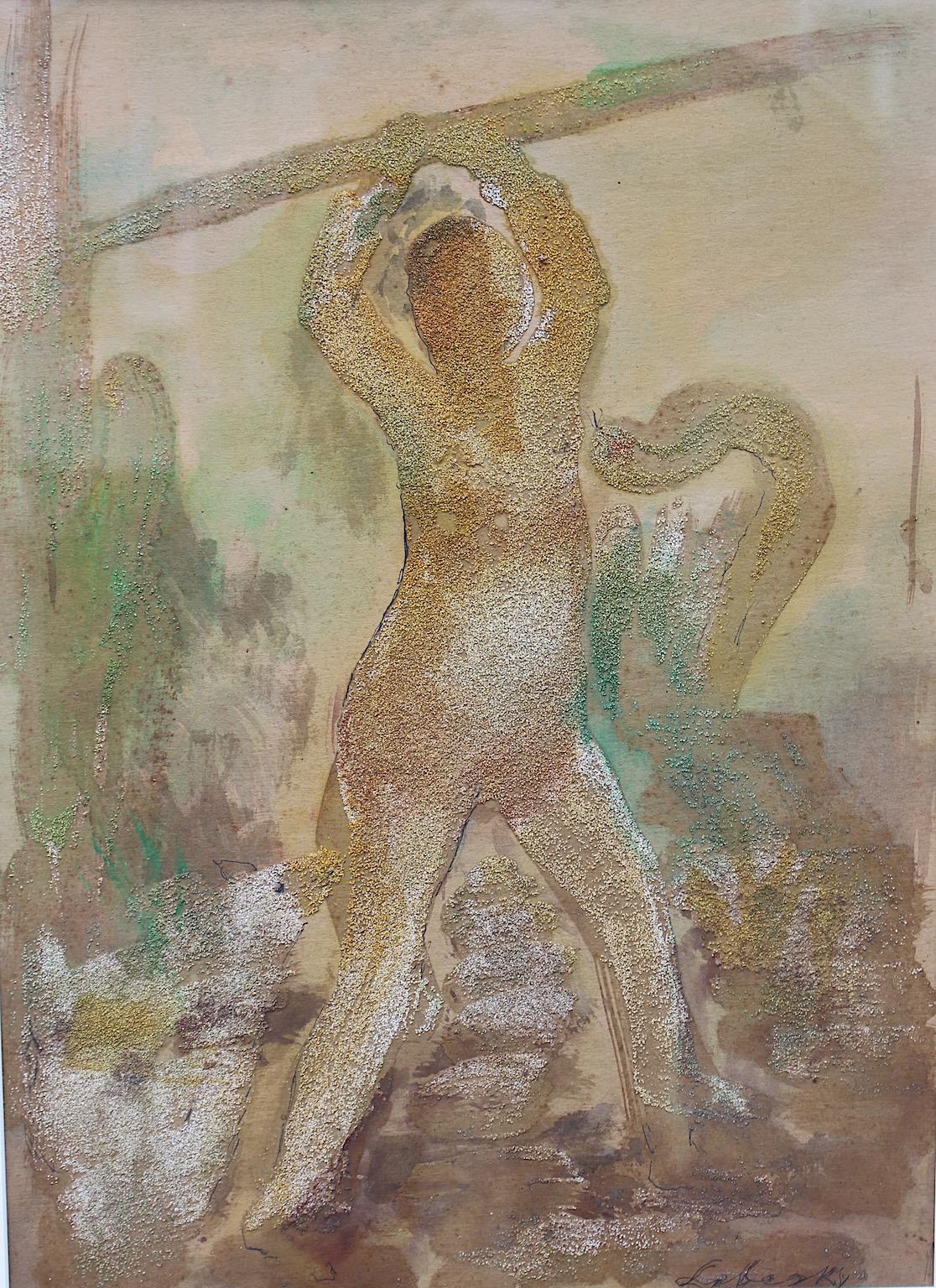 Mid-20th Century Robert Libeski Painting Lady with Dog 1946 Mixed Media For Sale