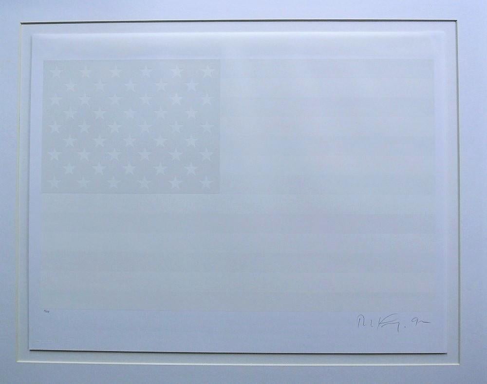 White Flag, an original screenprint created by Robert Longo in 1992, is from the portfolio entitled, Columbus: In Search of a New Tomorrow.  It is hand-signed, dated and numbered in pencil, measures 23 x 30 in. (58.2 x 76.2 cm), unframed, from the