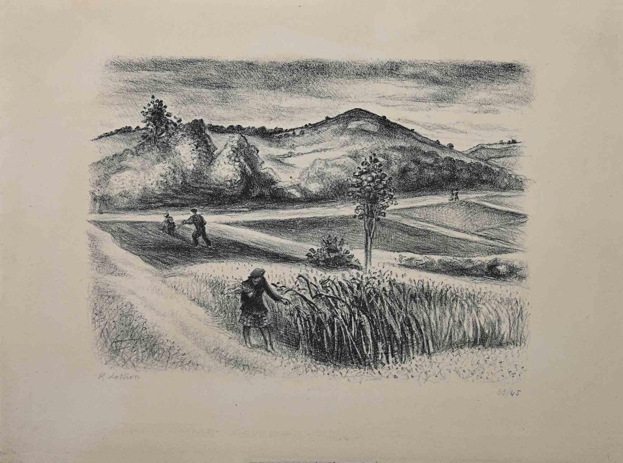Landscape is an original Lithograph on paper realized by Robert Lotiron in the Mid-20th Century.

Good Conditions.

Hand-signed.

Numbered. Edition, 33/45.

The artwork represents a landscape in well-balanced composition with perfect hatchings.