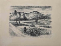 Landschaft – Originallithographie von Robert Lotiron – Mitte des 20. Jahrhunderts
