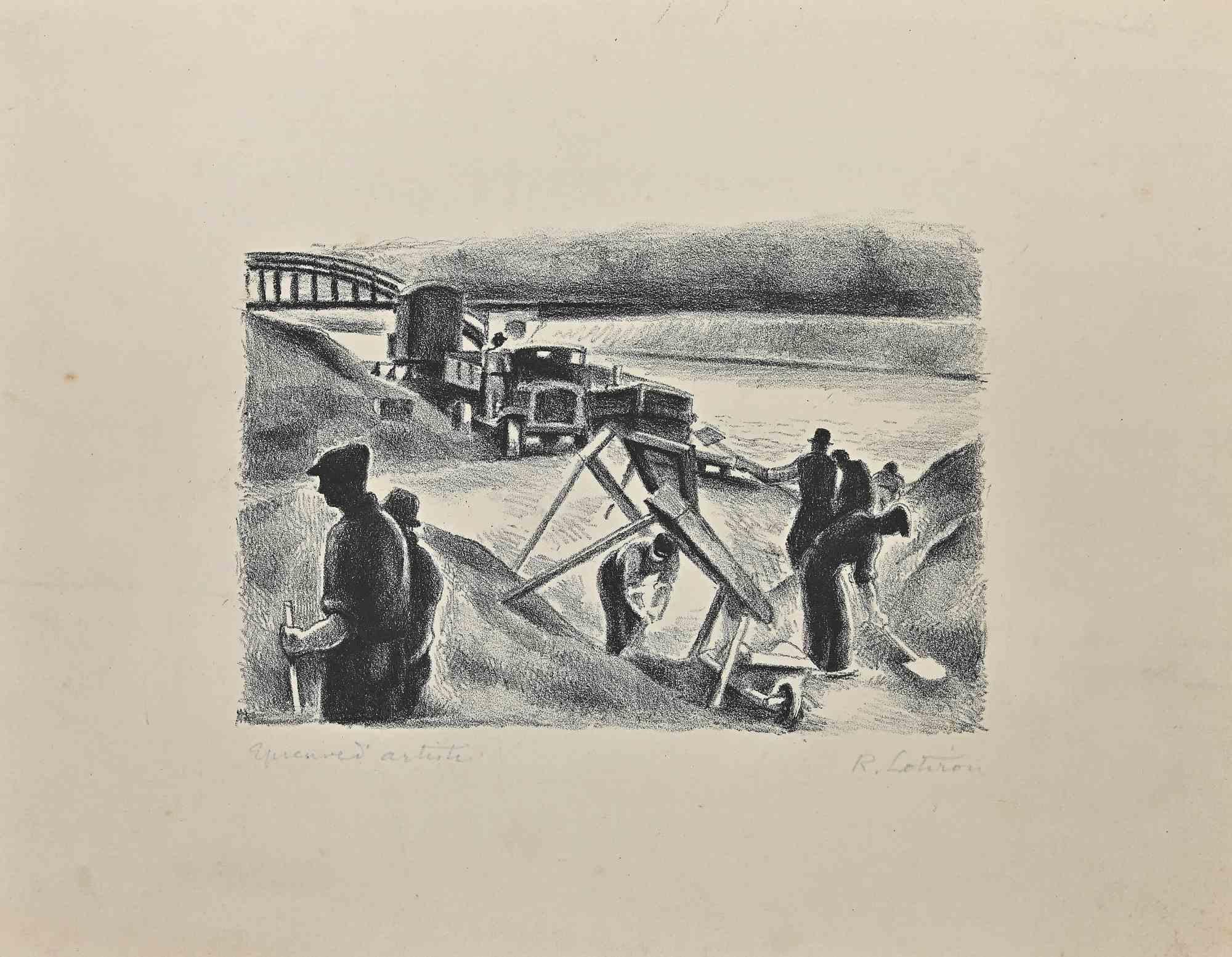 Les Travaux - Lithograph by Robert Lotiron - Early 20th Century