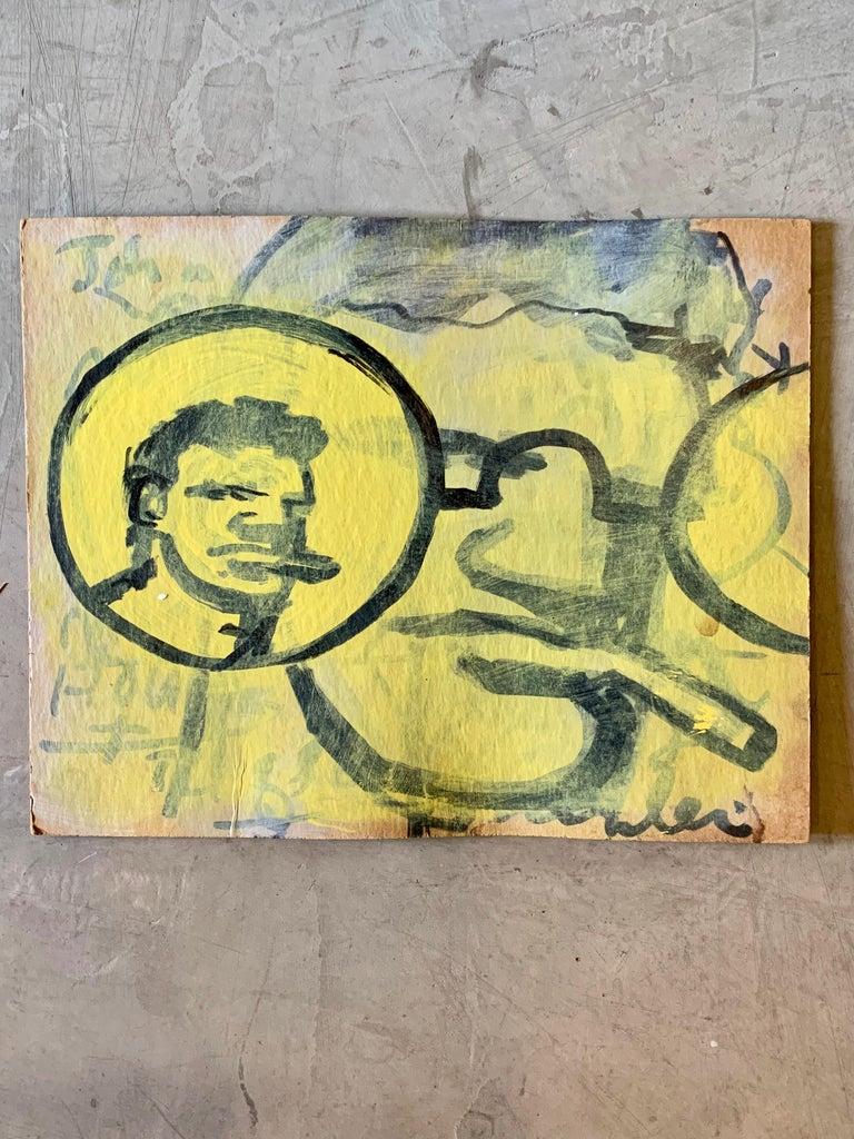 Great original painting by Robert Loughlin on cardboard. Very cool piece with an image of the Brute wearing glasses and another image of the Brute in the reflection of one of the lenses. Yellow, blue and black coloring. Titled the 'Weather Man' on