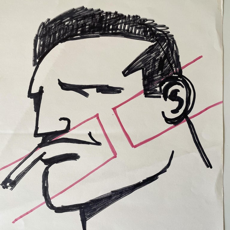Ink on paper by outsider artist extraordinaire Robert Loughlin depicting his iconic brute image with ubiquitous cigarette. Signed and dated 2010. Acquired directly from the artist and his partner, Gary Carlson.