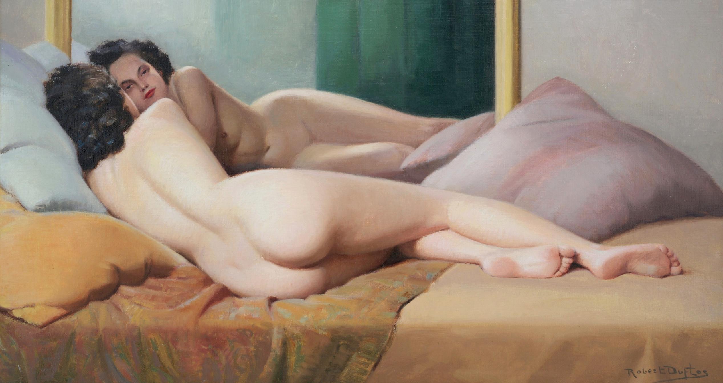 Olio su tela, Donna nuda sdraiata davanti al suo specchio - Painting Art Déco di Robert Louis Raymond Duflos
