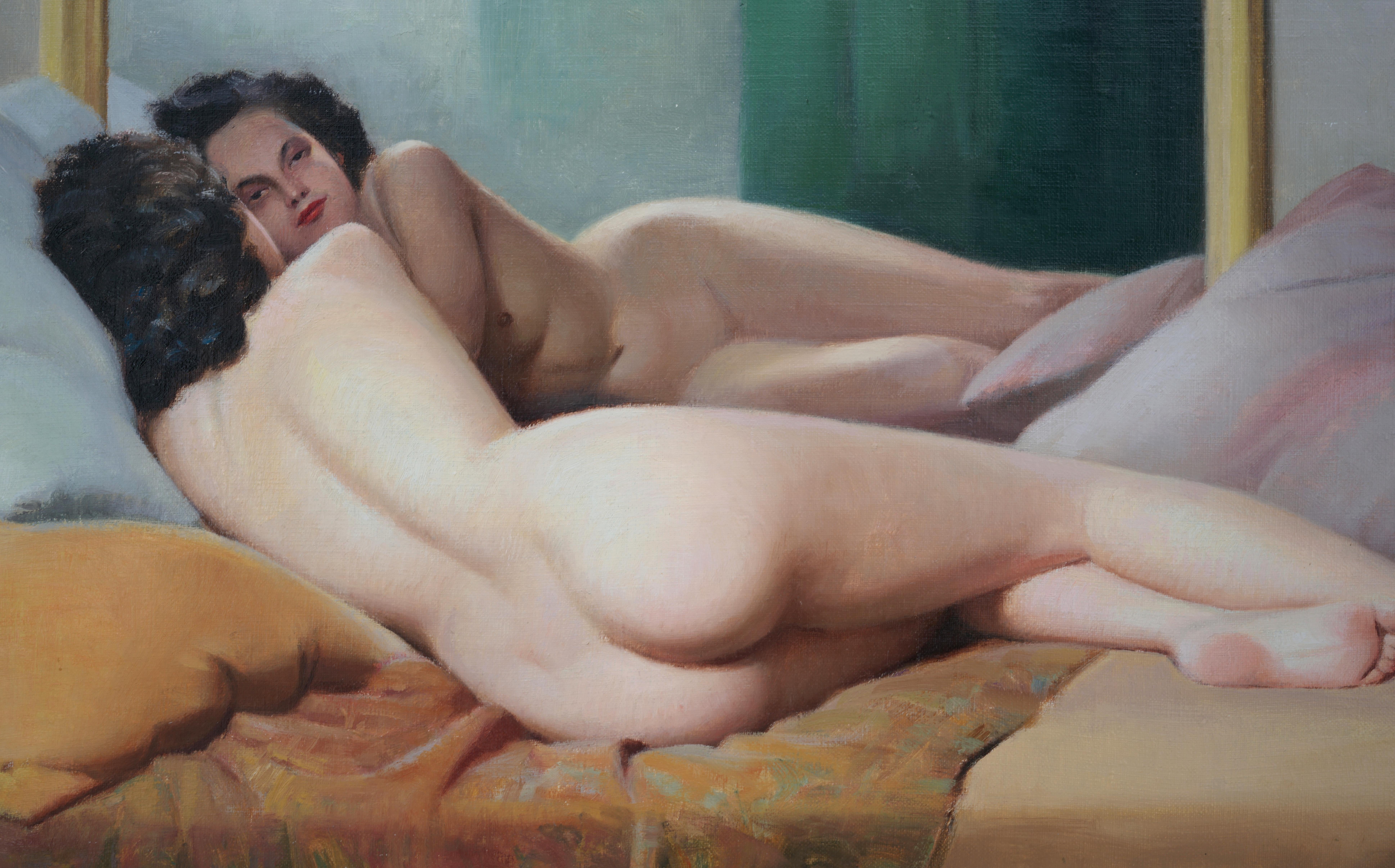 Olio su tela, Donna nuda sdraiata davanti al suo specchio - Figurative Painting Marrone di Robert Louis Raymond Duflos