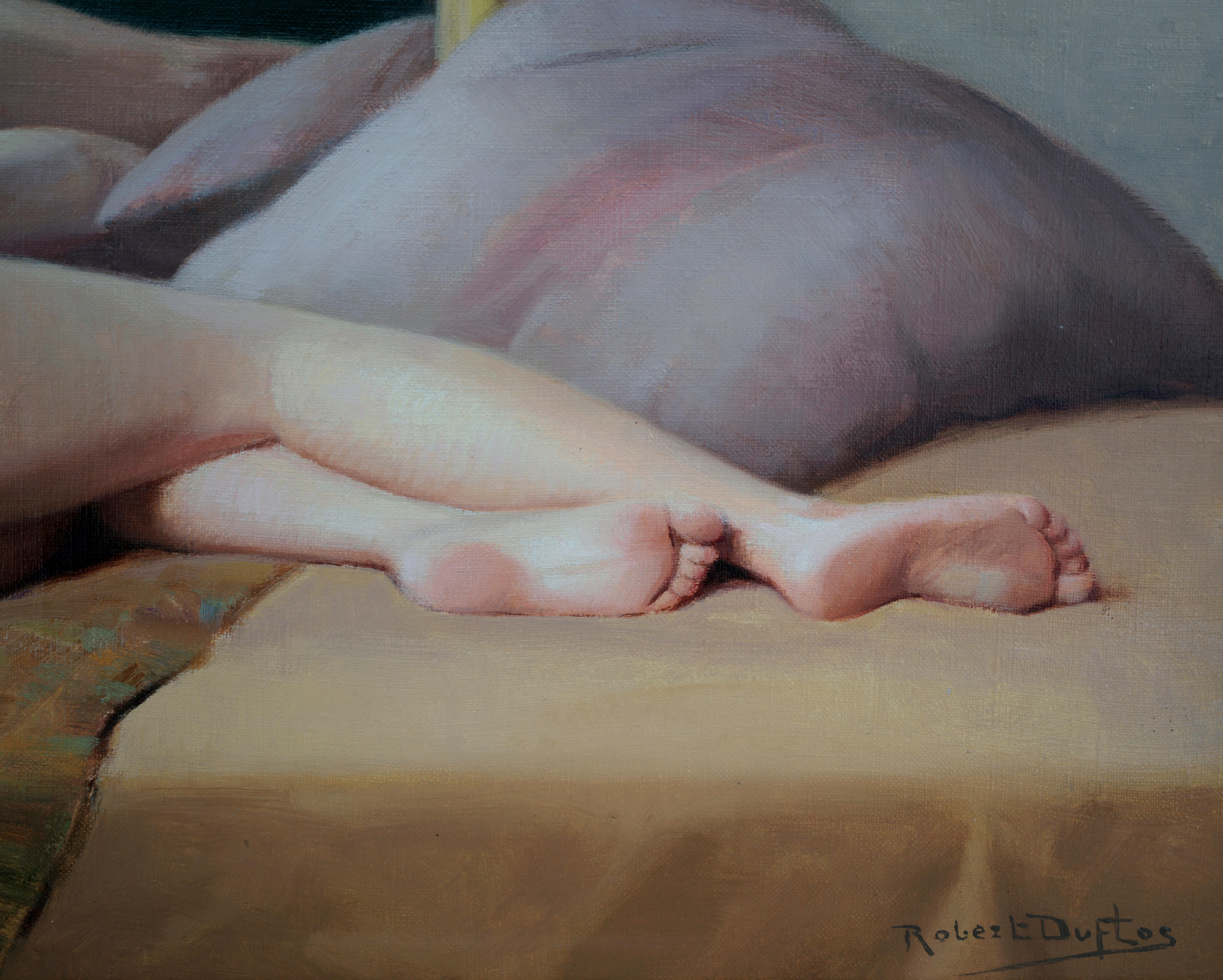 Olio su tela di Robert Louis Raymond Duflos (1898-1929), Francia, anni Venti. Donna nuda sdraiata davanti al suo specchio. Con cornice: 95x61,5 cm - 37,4x24,2 pollici - senza cornice: 73x40cm - 28,75x15,75 pollici. Firmato 
