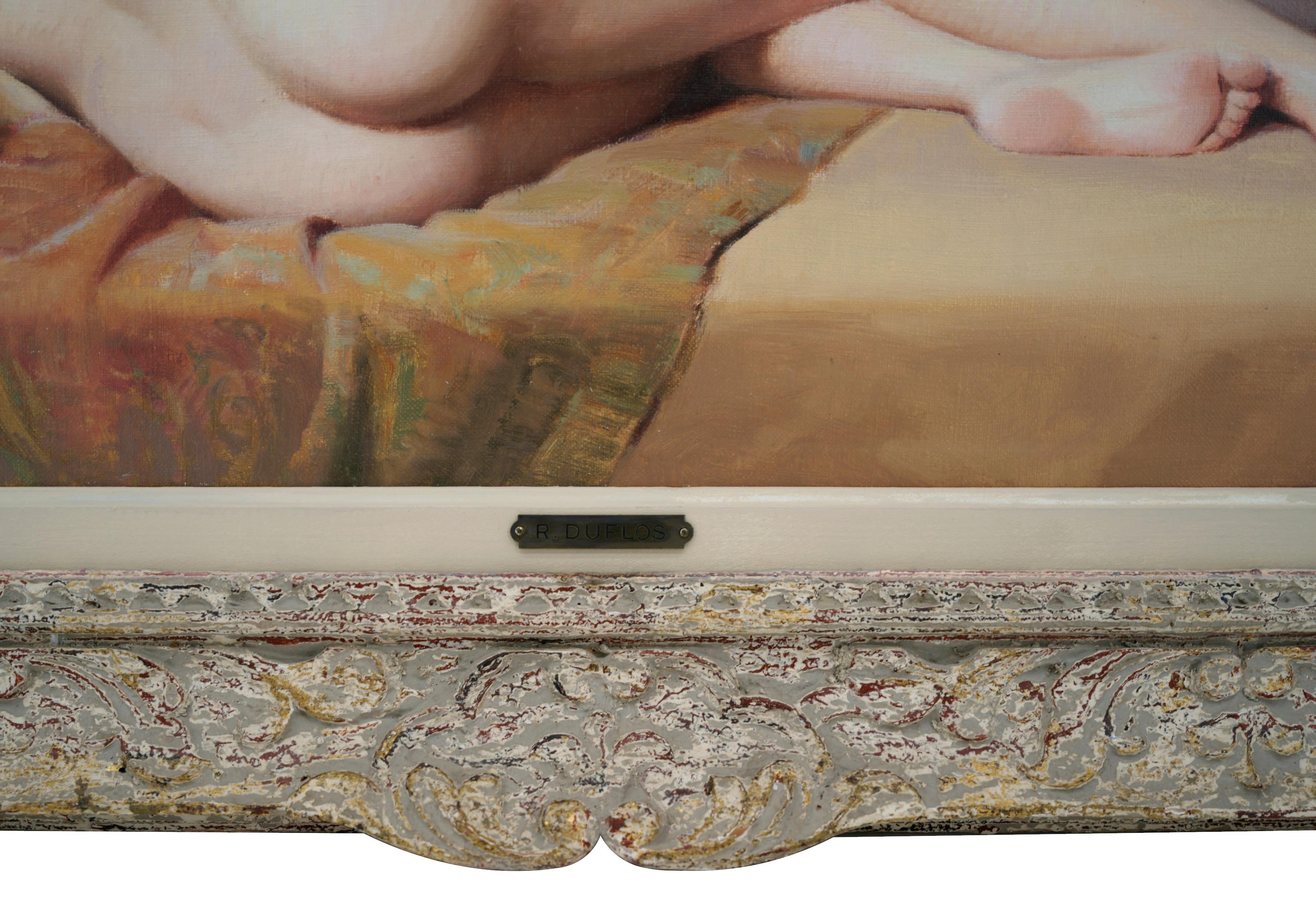 Huile sur toile, femme nue couchée devant son miroir en vente 2