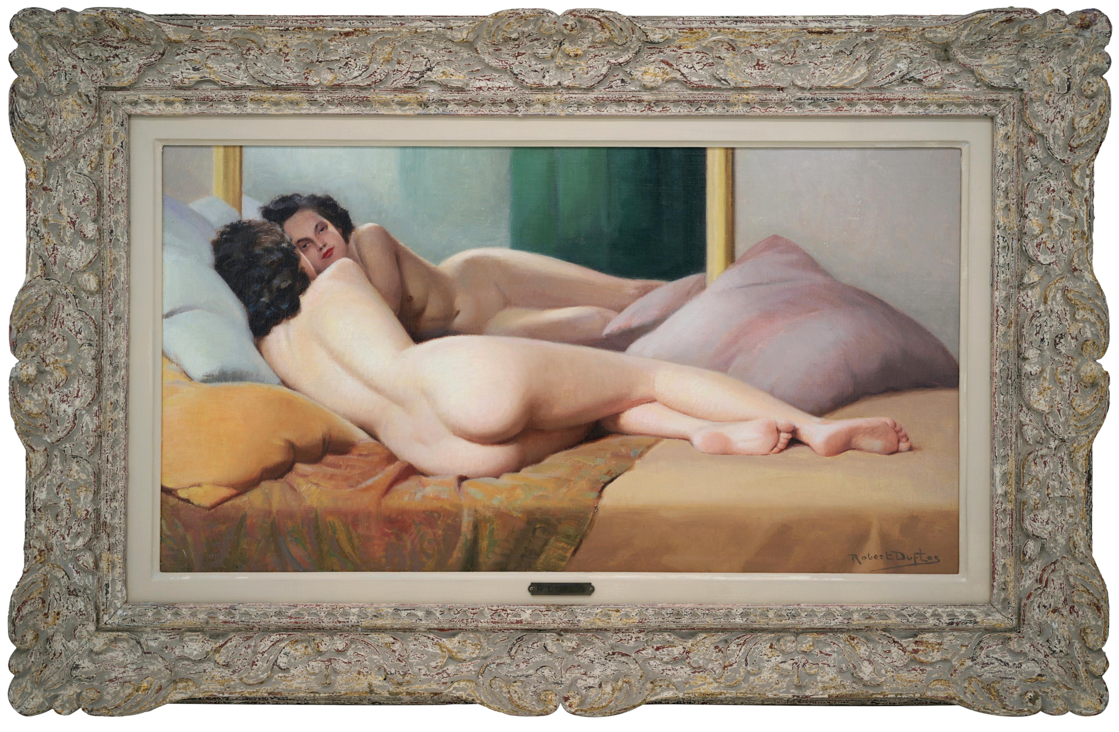 Robert Louis Raymond Duflos Nude Painting – Ölgemälde auf Leinwand, nackte Frau, die vor ihrem Spiegel liegt