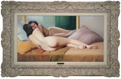 Antique Oil on canvas, Naked woman lying in front of her mirror